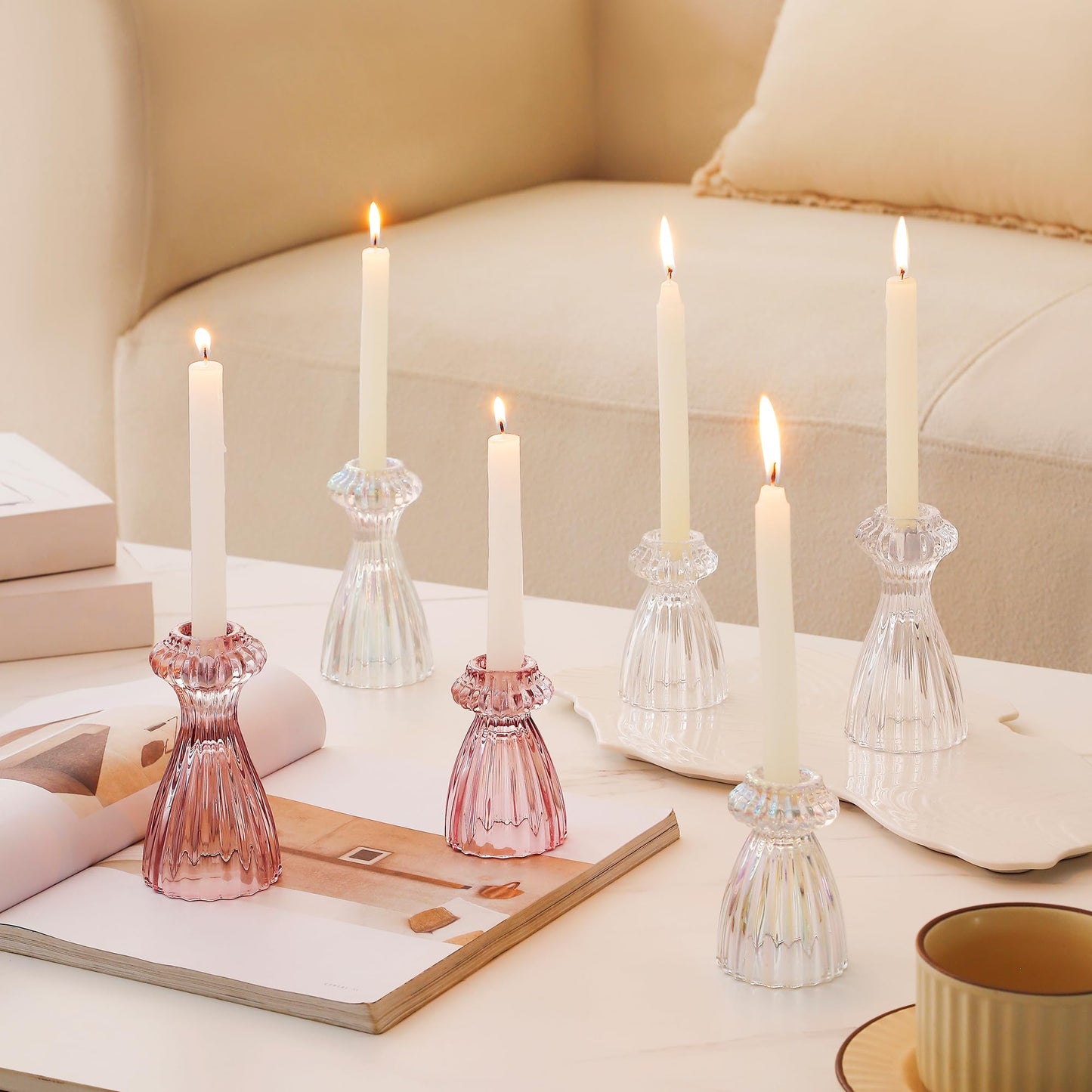 Lysenn Glass Candle Stick Holder Set of 3 – Premium Taper Candle Holders for Romantic Ambiance - Candle Sticks Holder Decor for Special Occasions - Iridescent