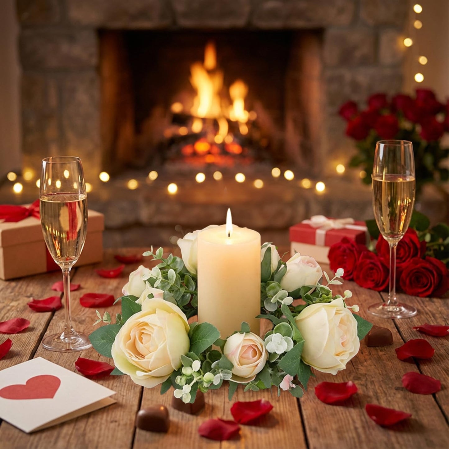 Artificial Rose Candle Rings Wreath Mini Floral Wreaths Pillar Candle Holder with Blooming Flowers and Green Leaves for Wedding Party Home Table Centerpieces Decor (Beige)