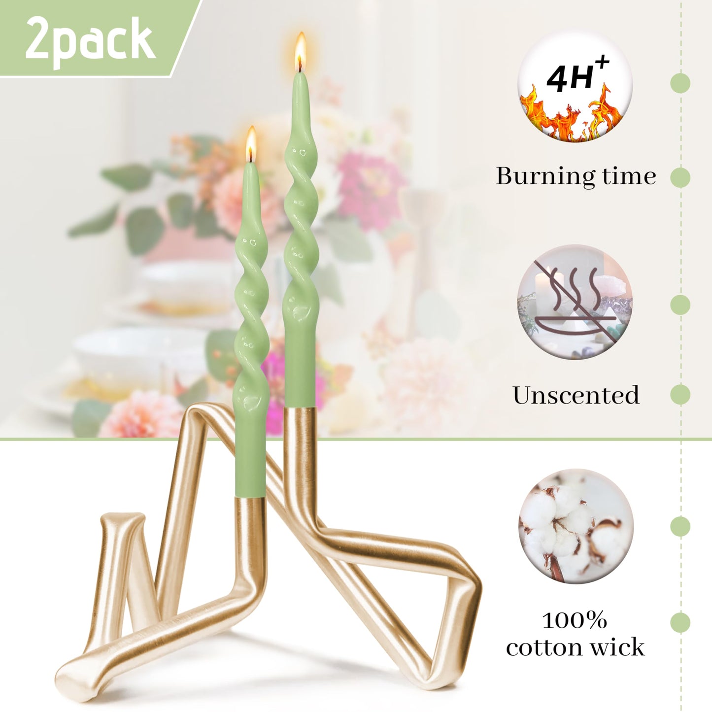 BALEAGCDL Twisted Taper Candle Green Spiral Candlesticks 10 Inch Unscented Handmade Smokeless Dinner Candles Set for Holiday Wedding Party Gift Home Decoration