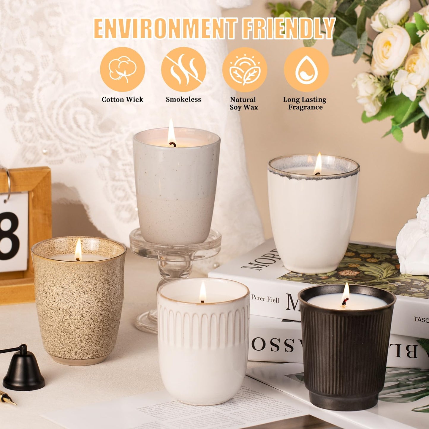 Scented Candle, 8oz White Soy Candles, Lavender Scented Candles for Women & Men, Long-Lasting Aromatherapy Jar Candle Wax for Home, Bathroom, Non Toxic Candle Gift (Black Ceramic Cup 14)