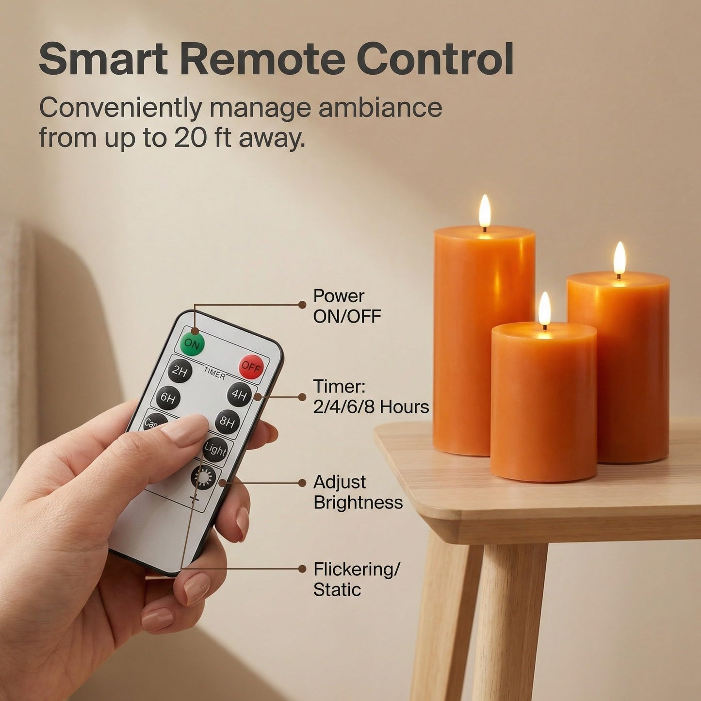 Eywamage Orange Flameless Pillar Candles with Remote, Flickering LED Wax Candles Battery Operated Set of 3