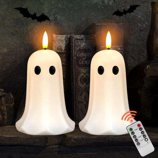 ilifemate Halloween Ghost Candle Lights 2 Pack with Remote, Battery Operated LED Flameless Candle Ghosts with Timer, Spooky Halloween Decorations for Indoor Outdoor Table, Mantel & Party Decor