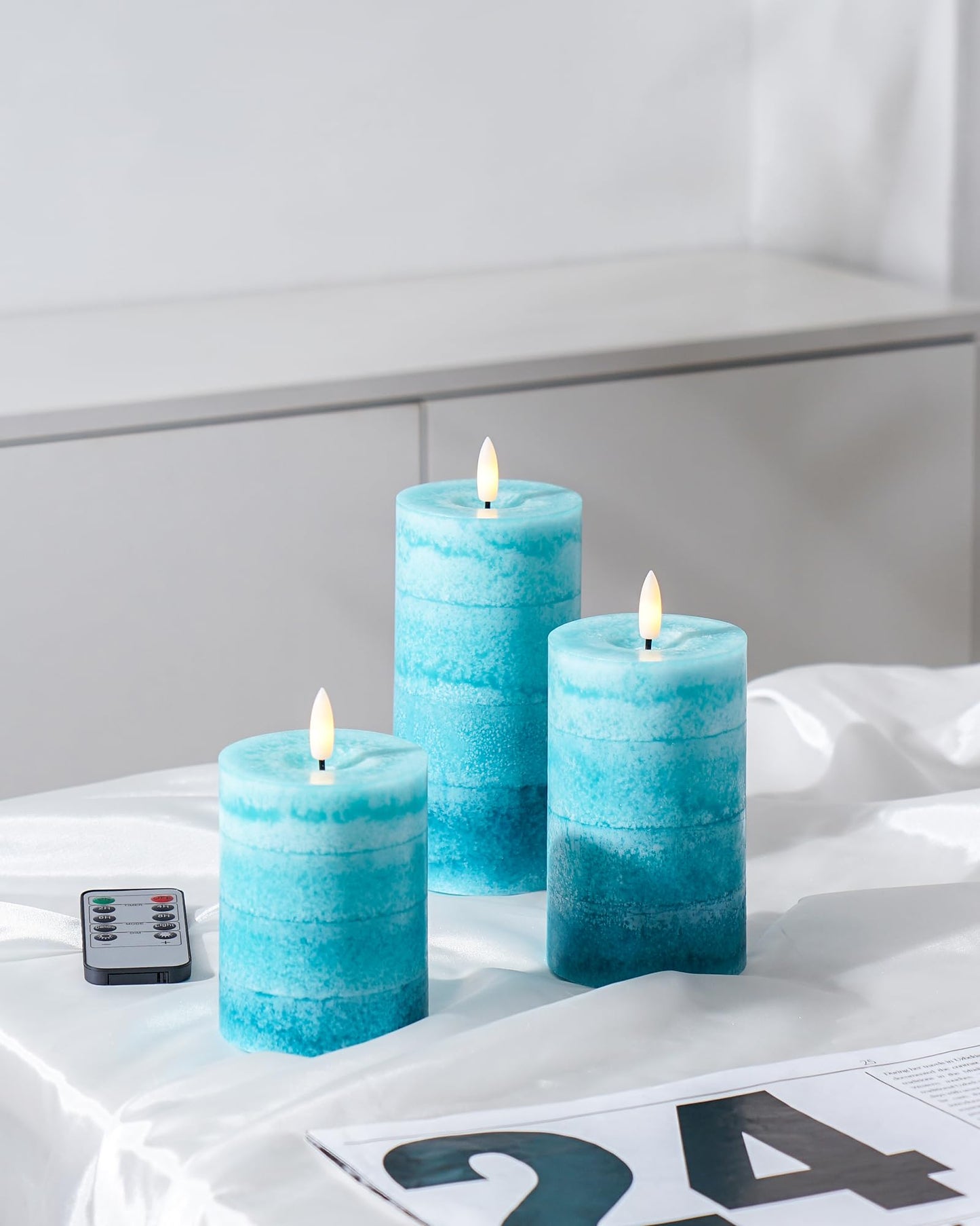Stmarry Gradient Teal Flameless Candles with Remote and Timer, Real Wax Made LED Pillar Candles Battery Operated with 3D Flickering Flame - 3" x 4",5",6" - Set of 3 Turquoise Candles