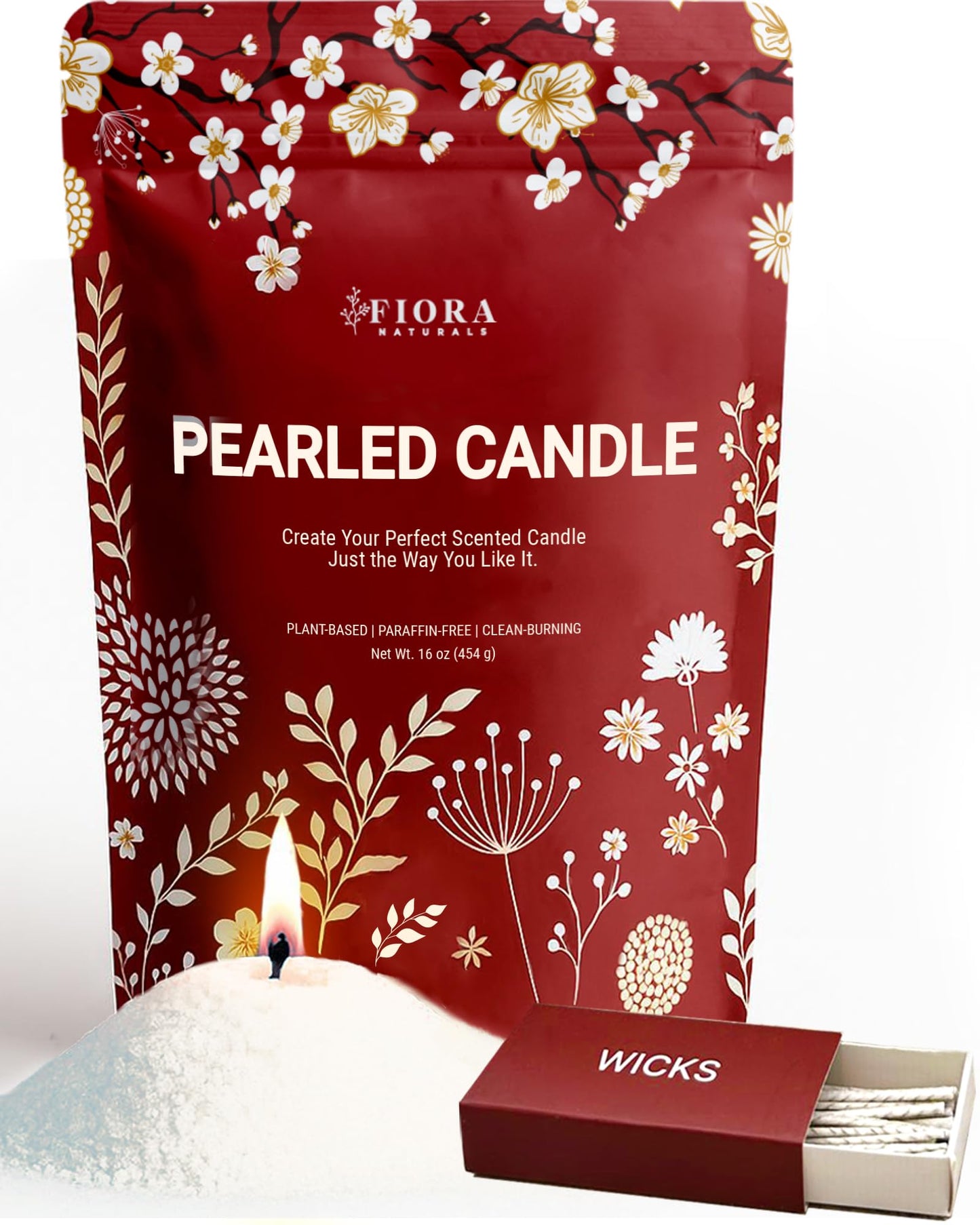 Fiora Naturals Pearled Candle Sand with Wicks – 1 Lb Sand Wax Beads & 20 Cotton Wicks – DIY Refillable Candle Making Kit, Long-Lasting, Smoke-Free, Clean Burning Snow Candles