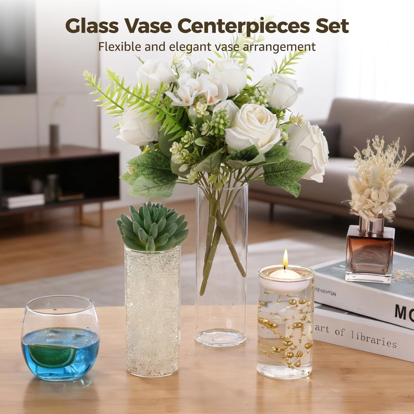 OMISTAR 12 Set Floating Candle Vases for Centerpieces - Including 3 Sizes Cylinder Vases, Floating Candles, Golden Beaded Lines, and Absorbent Beads for Wedding, Party, Home Decoration