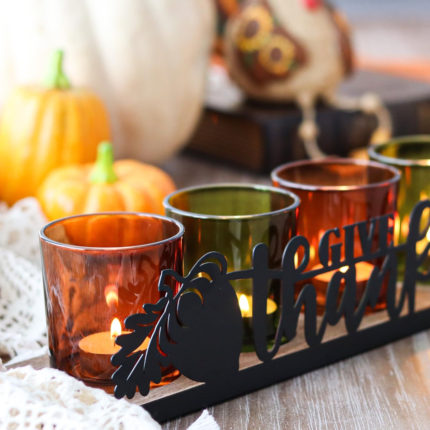 SYFURNIX Thanksgiving Centerpieces Glass Tealight Votive Candle Holder Include 1 Candle Tray & 4 Candle Holders Fall Thanksgiving Table Decorations Indoor
