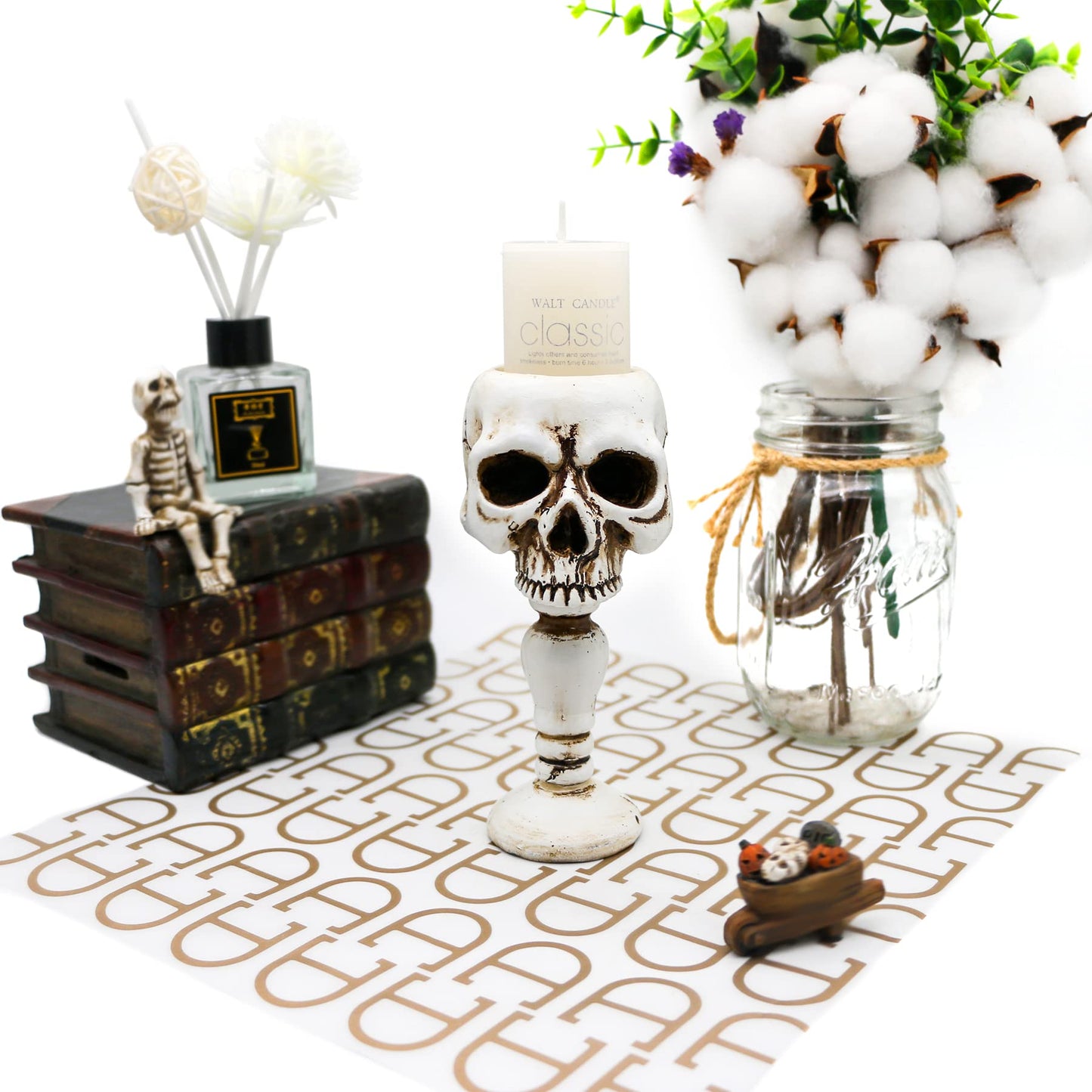 Skull Candle Holder - Gothic Tabletop Cranium Skeleton Head Candlestick Retro Spooky Desktop Tealight Cup Horrible Home Office Bar Party Graveyard Decor