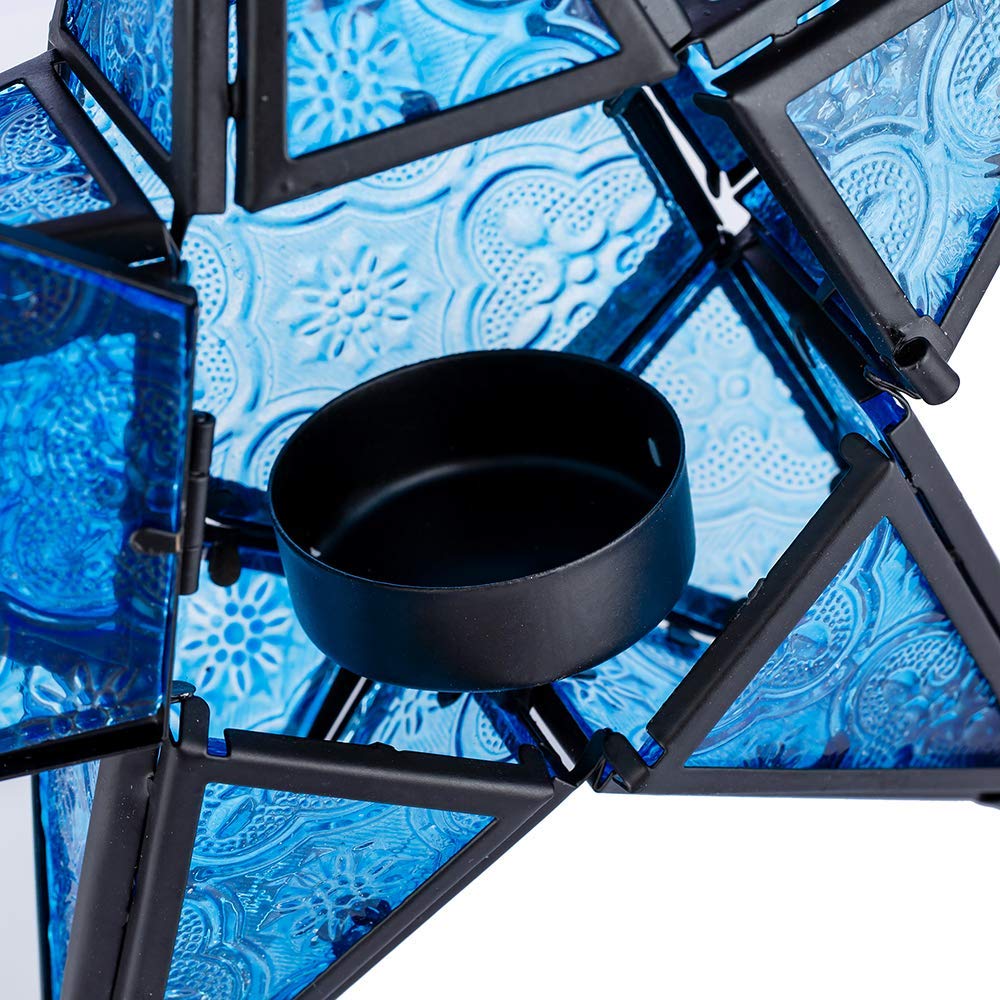 Stunning Star Glass Votive Tea Light Candle Holder Hanging Lighting Lantern Wedding Birthday Party Home Garden Decoration (Blue)