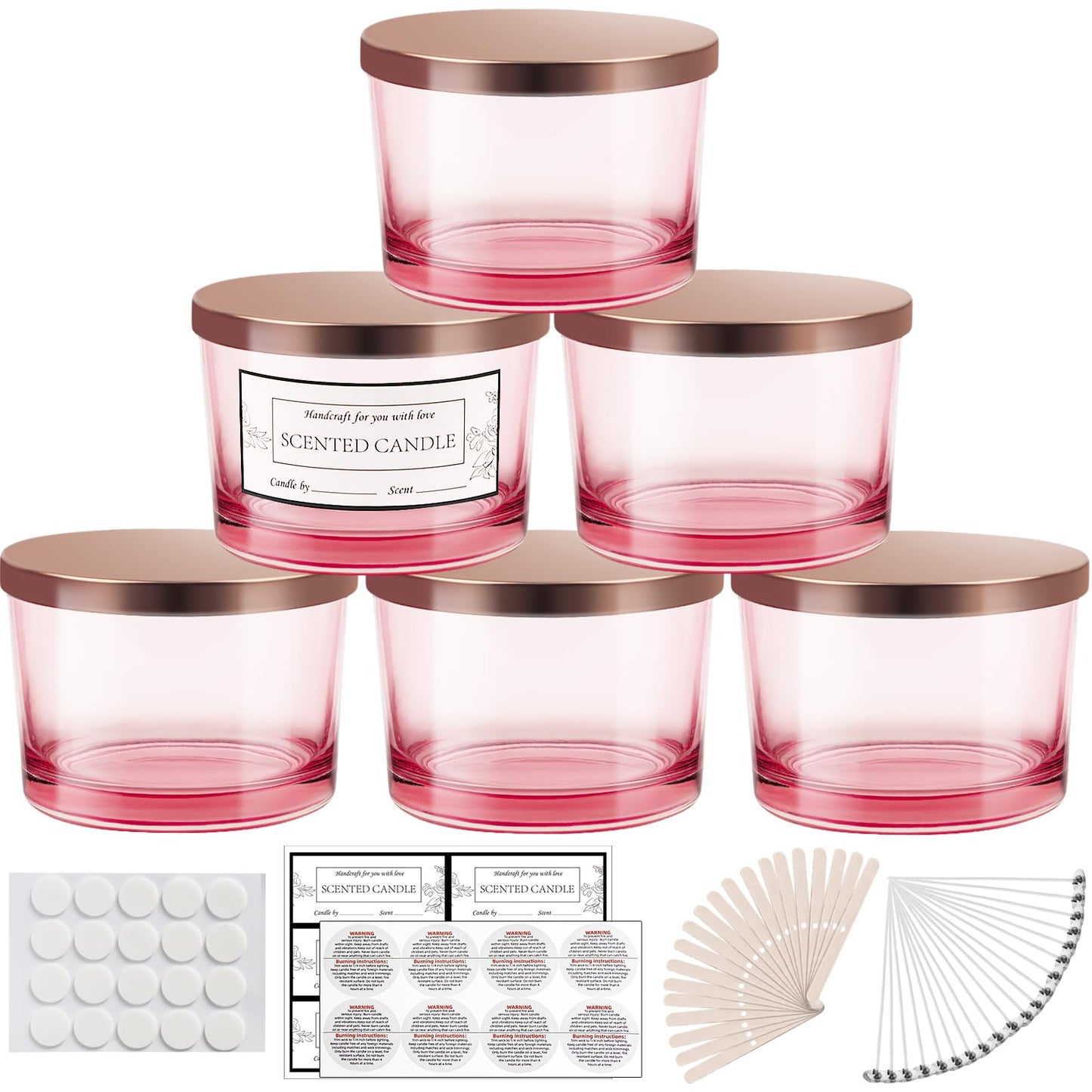 CONNOO 6 Pack 16 oz Candle Jars - 3 Wicks Pink Empty Glass Wide Mouth Candle Jars Come with Metal Lids Sticky Warning Labels and a Candle Wick Kit for Candle Making- Dishwasher Safe