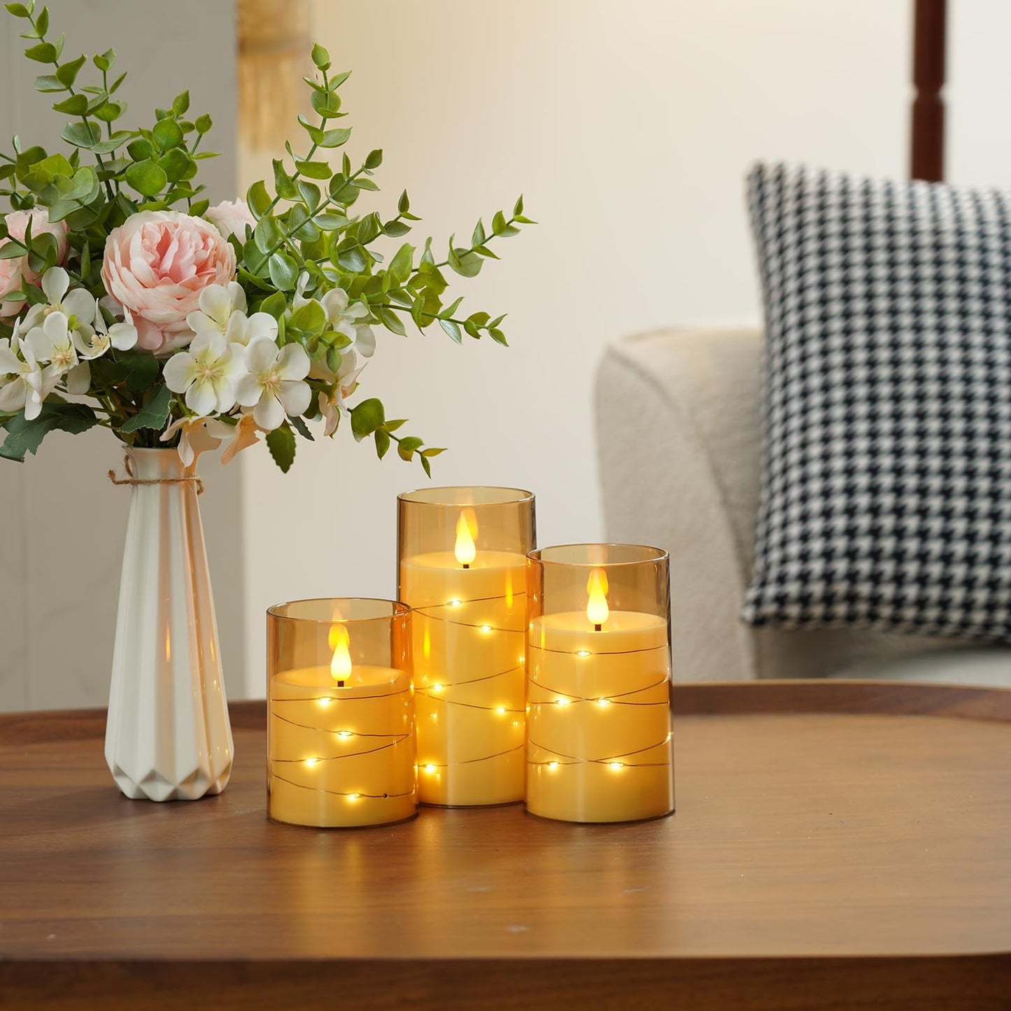 Amagic Flameless Candles 3 Set, Flickering Battery Operated Candles Embedded Fairy String Light, Realistic Pillar Candle with Remote Control and Timer, Acrylic Amber Gold, D3 x H4 5" 6"