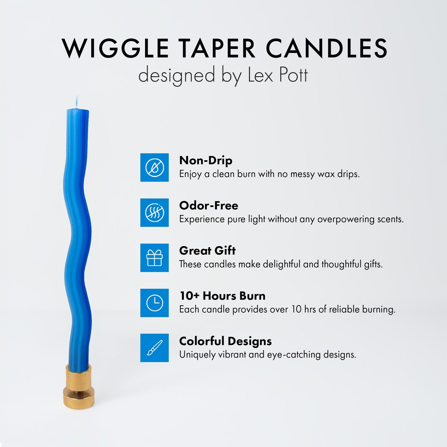 Wiggle Candles (2 Pack) - Joyful Dancing Design Taper Candlesticks | Bright Colors | 7/8” diam x 11” Length | Designed by Lex Pott | Made in USA (Blue)