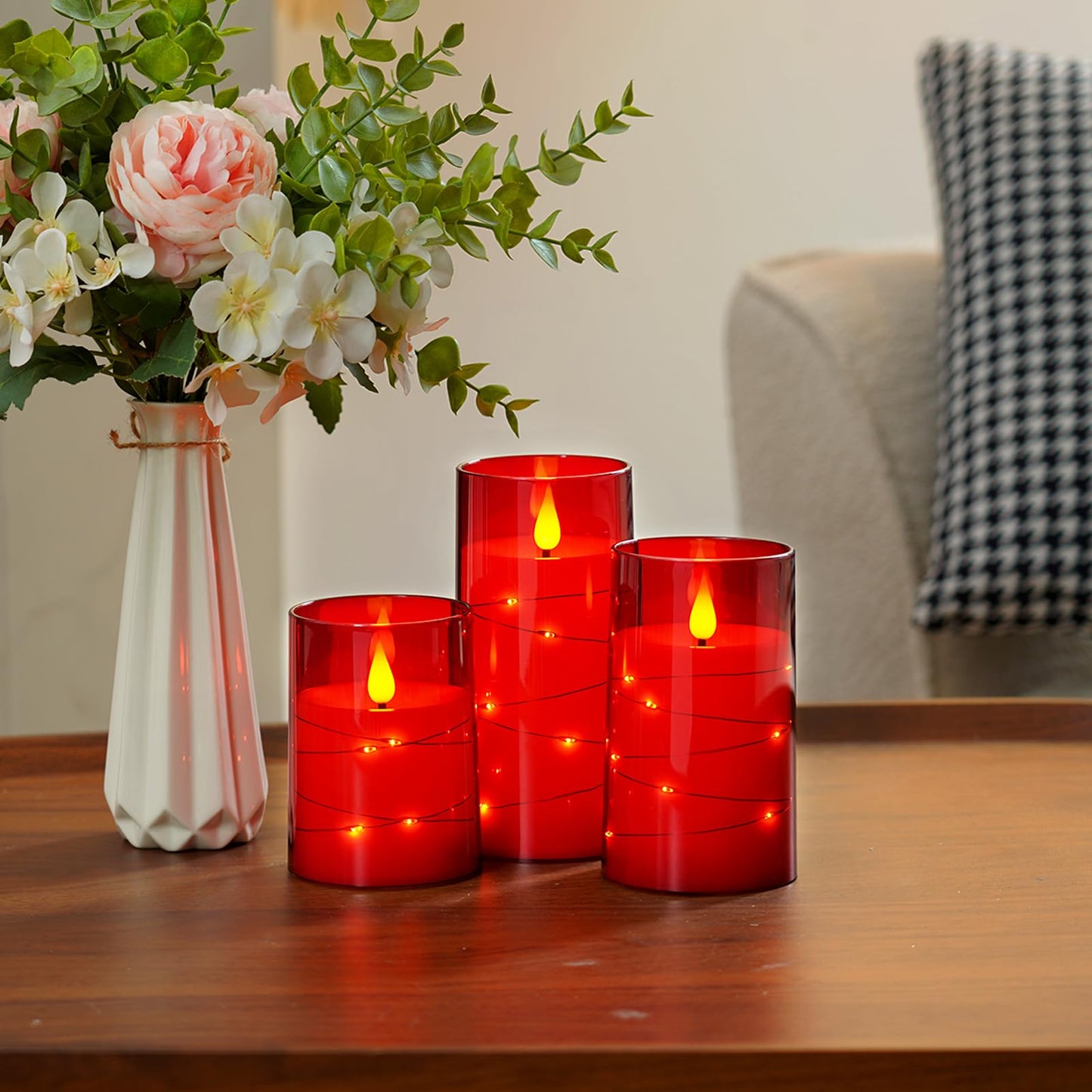 Amagic Red Flameless Candles 3 Set, Flickering Battery Operated Candles Embedded Fairy String Light, Realistic Pillar Candle with Remote Control and Timer, Acrylic, D3 x H4 5" 6"