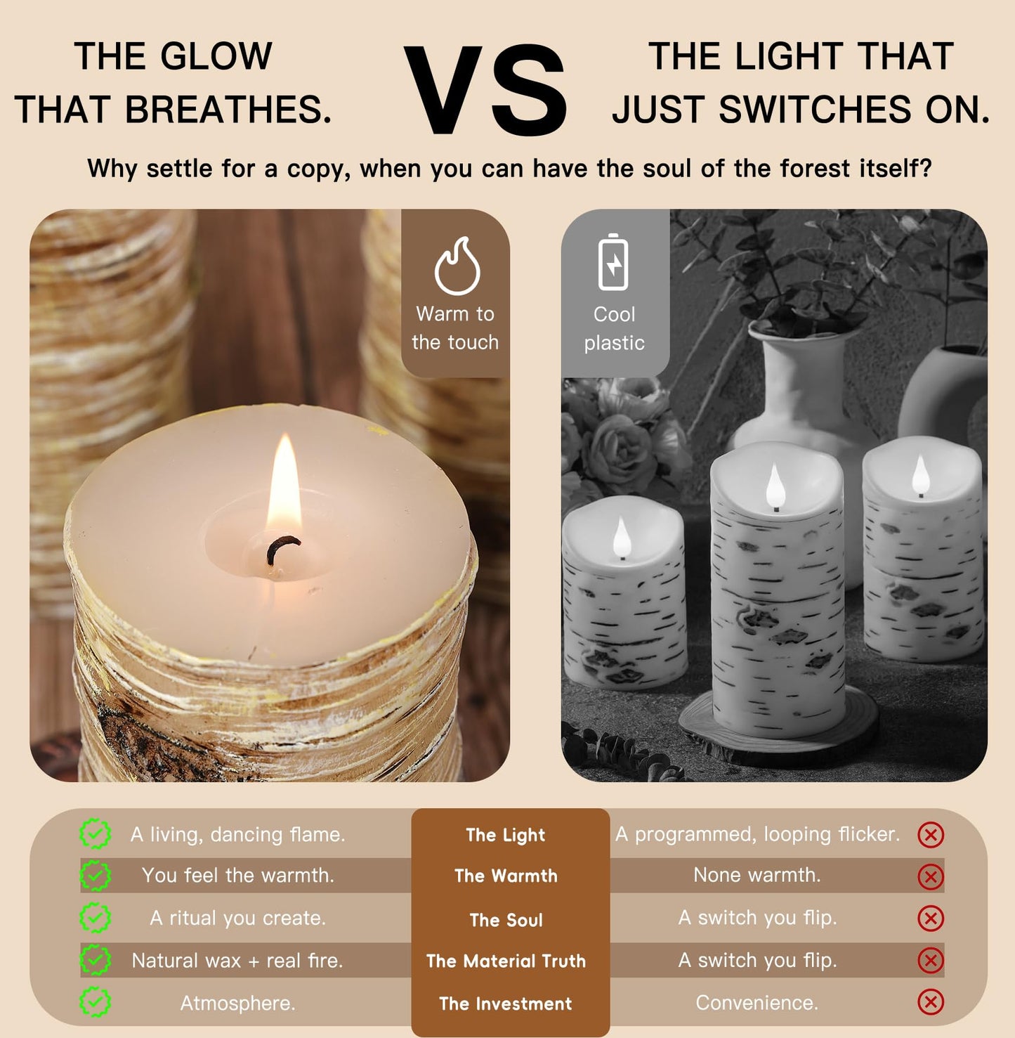 Birch Bark Texture Pillar Candles Set - Real Wax 3 Sizes (4", 5", 6" Tall) Rustic Decor Fireplace Candles, Unscented Woodland Style Pillar Candle for Modern Farmhouse, Dining Table, Holiday Decor