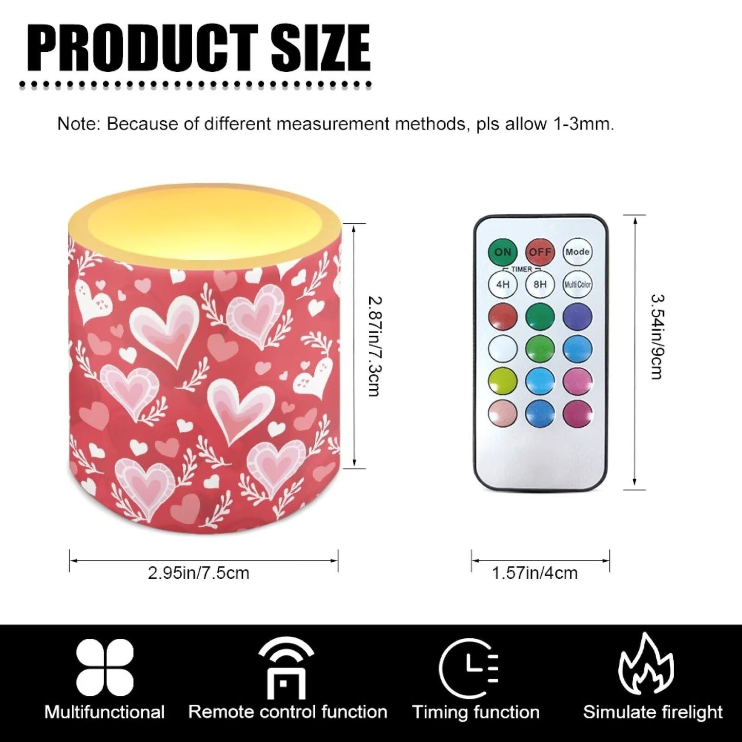 Merkmak Flickering Flameless Candles with Remote Battery Operated Candles with Timer Valentine's Day Red Heart Leaves Print LED Pillar Tea Lights for Indoor Outdoor Banquet Wedding Home Decor
