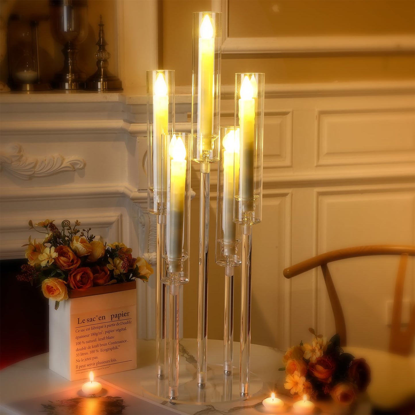 FoldTier 8 Sets 5 Arm Acrylic Candelabra Holder for Wedding Table Centerpiece 27inch Tall Floor Clear Candle Centerpieces with LED Candles and Shade for Proposal Ceremony Birthday Party Home Decor