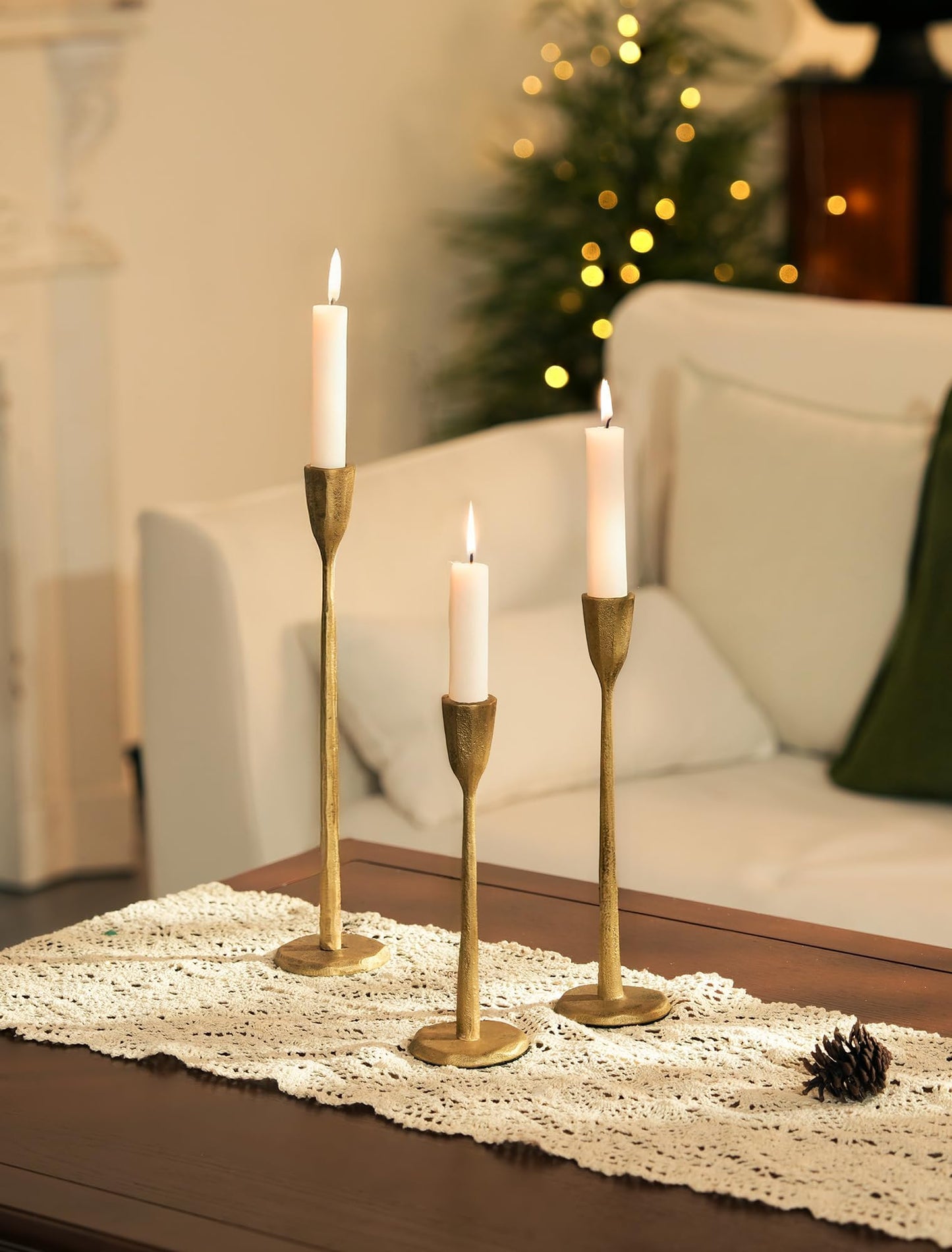 Romadedi Gold Candlestick Candle Holder - Cast Iron Taper Candle Stick Holders Brass Antique Decor Tapered for Wedding Dining Table Christmas Mantel Home Decoration Set of 3
