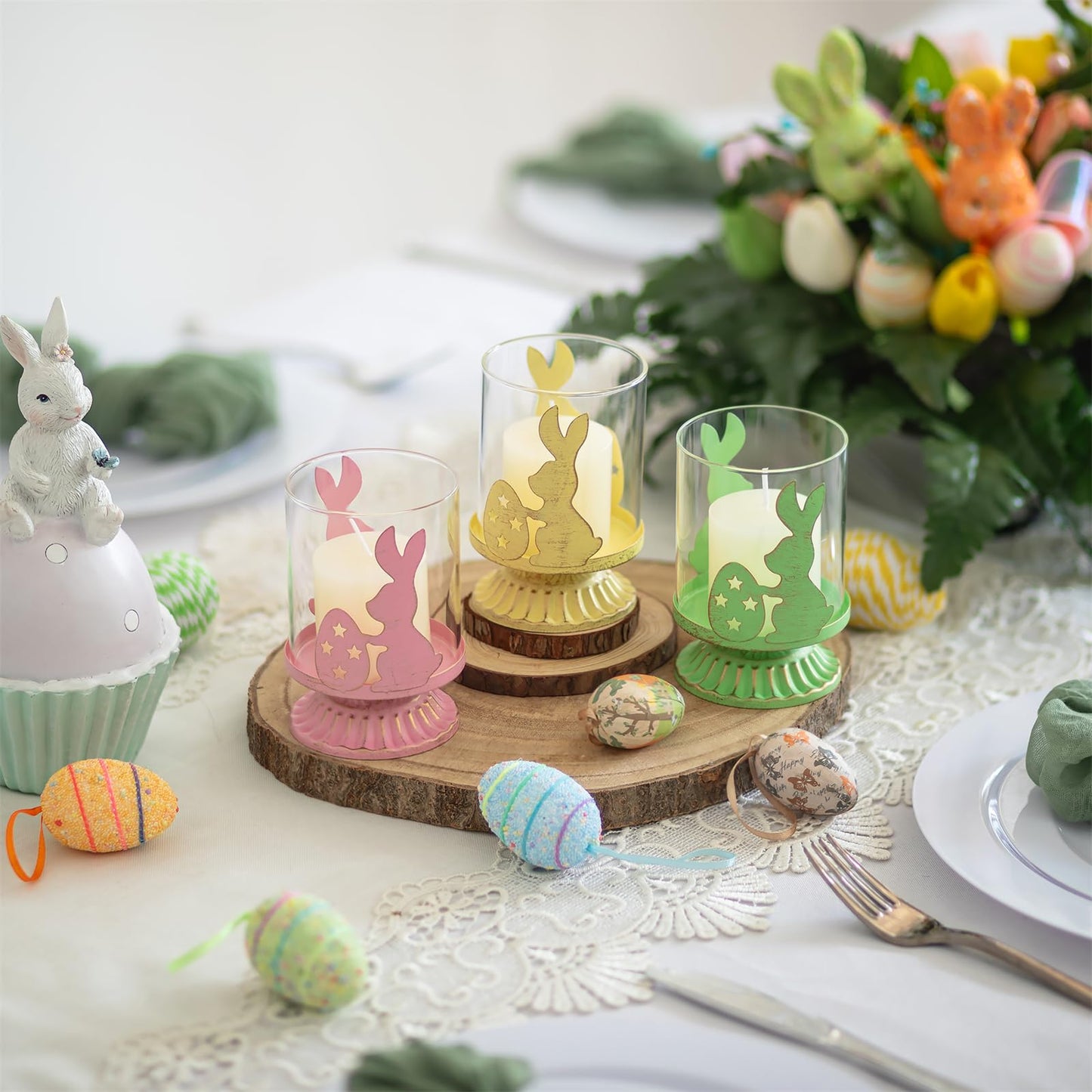 Sziqiqi Bunny Candle Holder for Easter: Tealight Holders Centerpiece Table Decorations for Pillar Candles - Coloured Rabbit Tea Light Candle Holders for Easter Party Spring Home Decor