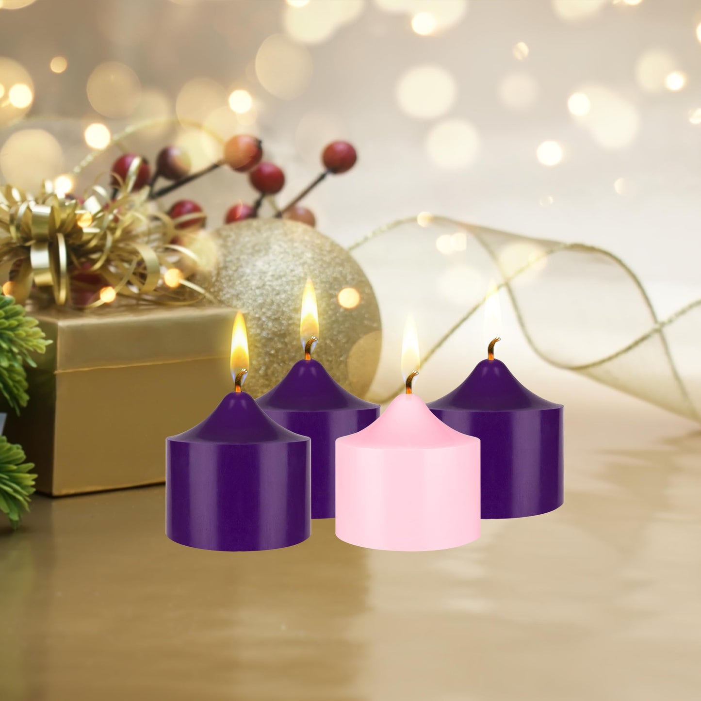 Mega Candles 4 pcs Unscented Christmas Advent Candles Set, Hand Poured Premium Wax Bell Top Round Pillar Candle 3 Inch x 3 Inch, Holidays, Festivities, Devotional, Church, Wreath, Party, Gifts