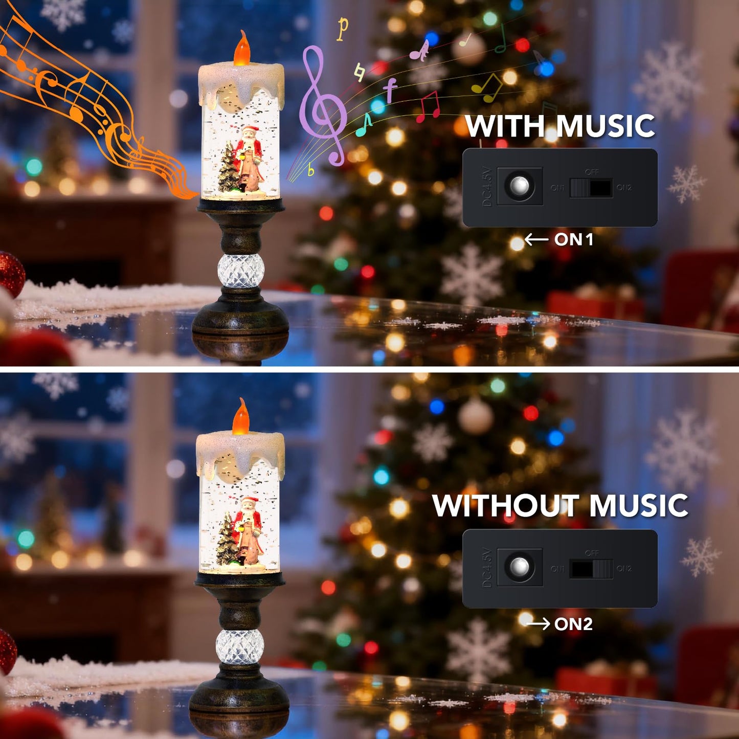 MerryPulse Christmas Snow Globe Candles, Battery & USB Powered, Glitter Christmas Flameless Candles with 8 Music, Home Party Nativity Night Decoration
