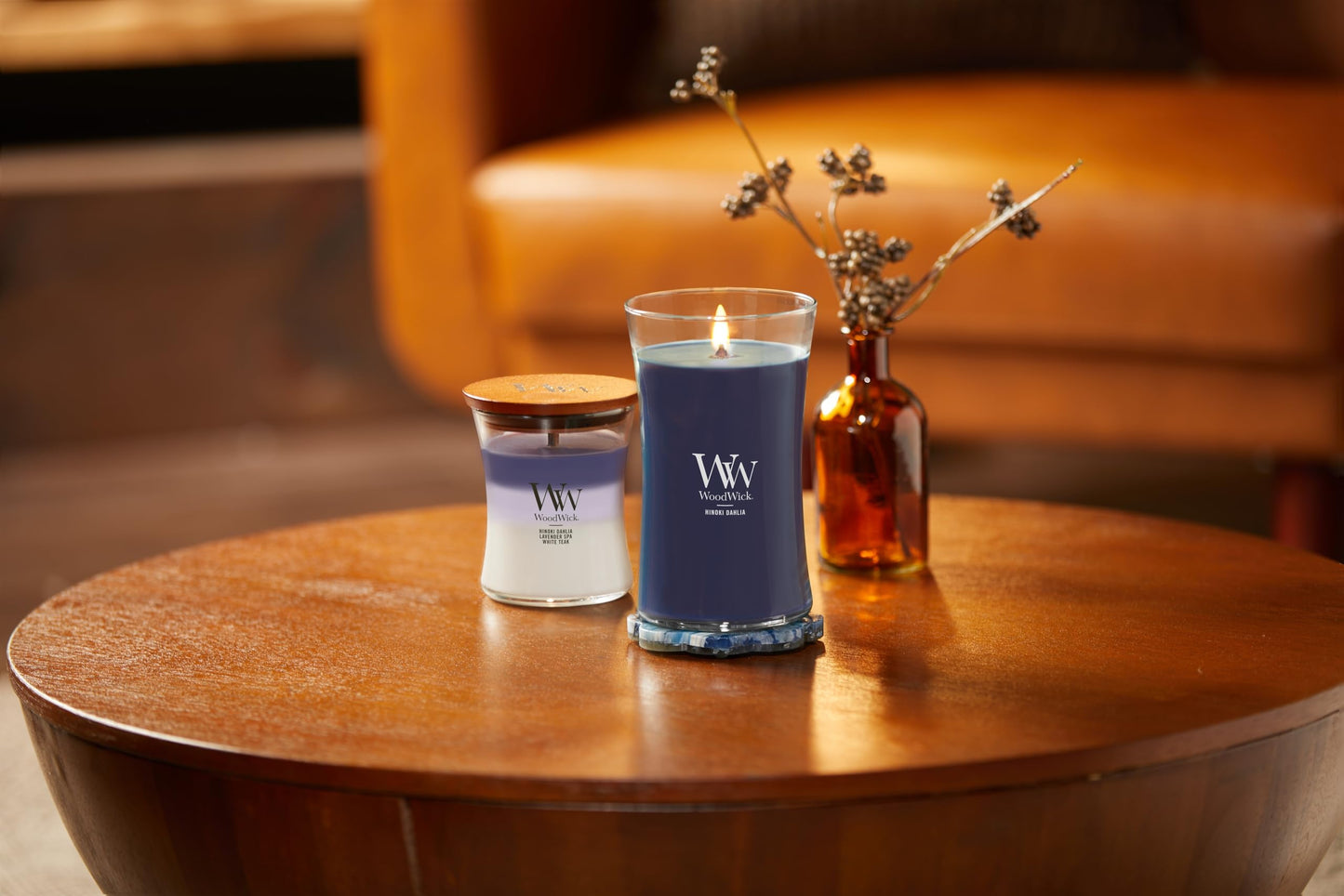 WoodWick Large Hourglass Candle Hinoki Dahlia - Premium Soy Blend Wax Pluswick Innovation Wood Wick Made in USA