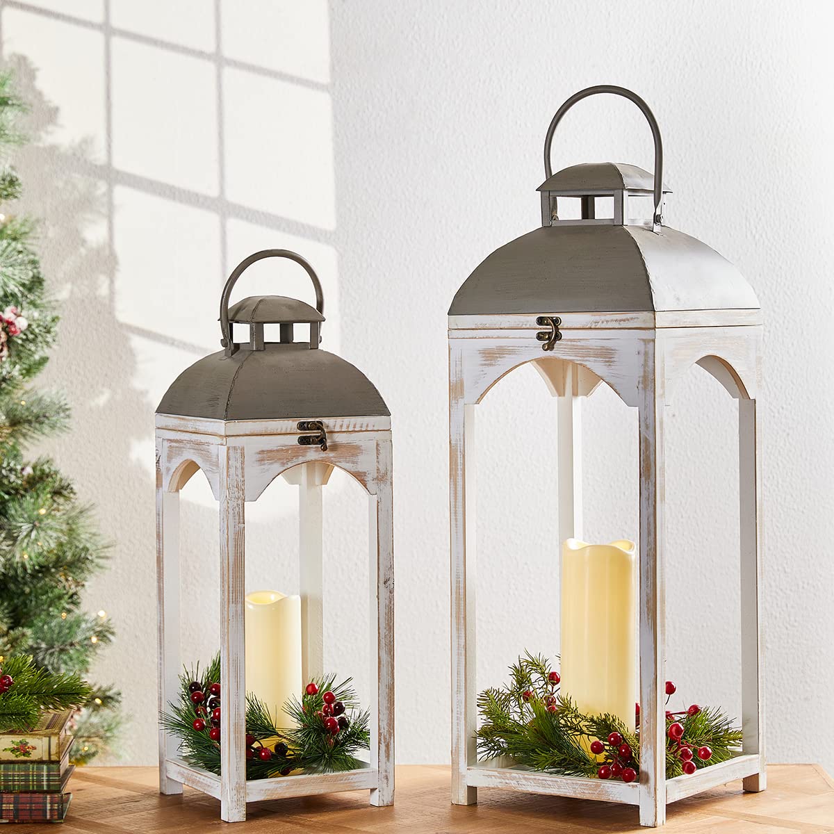 Glitzhome Lanterns Decorative Indoor, 2 Pack Mondern Farmhouse Candle Lanterns,Wooden Hanging Lanterns with Metal Top Floor Candle Lanterns for Home Décor, Weddings, Parties, Holiday (No Glass)