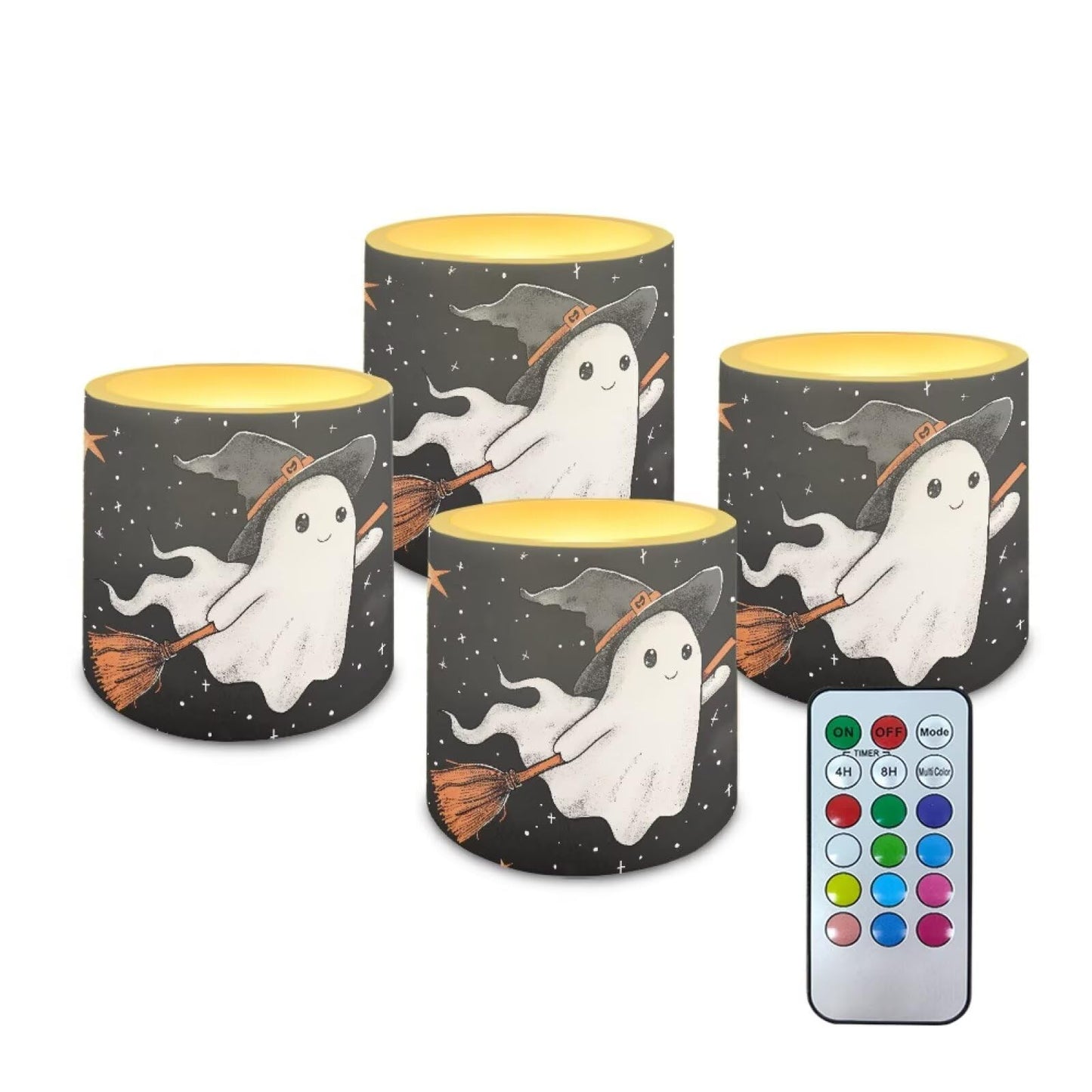Merkmak Halloween Flameless Candles with 18-Key Remote Battery Operated Candles with Timer, Cute Ghost Print 4 Pack Flameless Pillar Tea Lights for Party Banquet Home Decorations