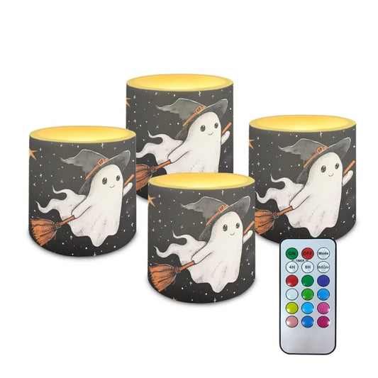 Merkmak Halloween Flameless Candles with 18-Key Remote Battery Operated Candles with Timer, Cute Ghost Print 4 Pack Flameless Pillar Tea Lights for Party Banquet Home Decorations