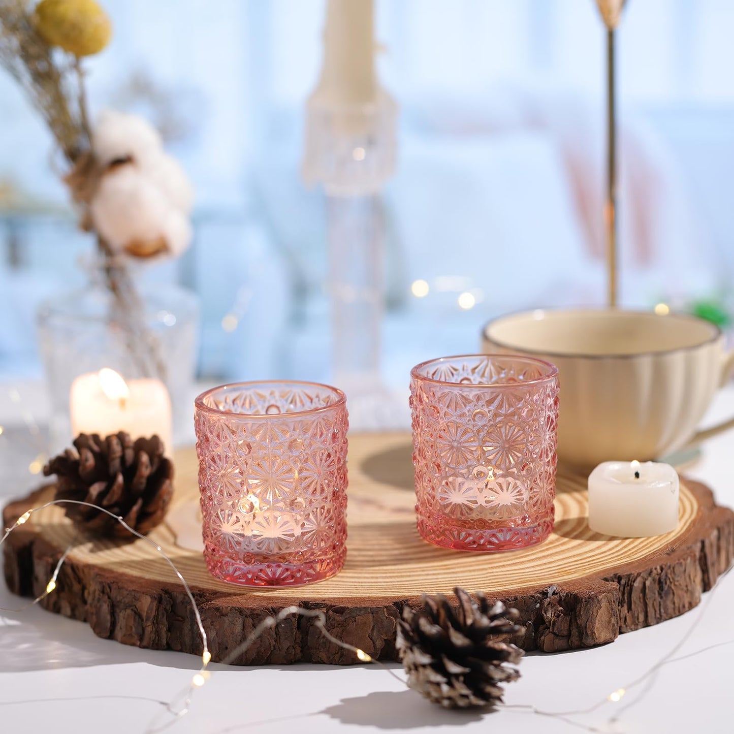 Lanttu Pink Votive Candle Holder Set of 12, Flower Tea Lights Candles Holders for Wedding Table Centerpieces, Birthday Parties, Anniversary, Pink Bridal Shower and Holiday Decorations