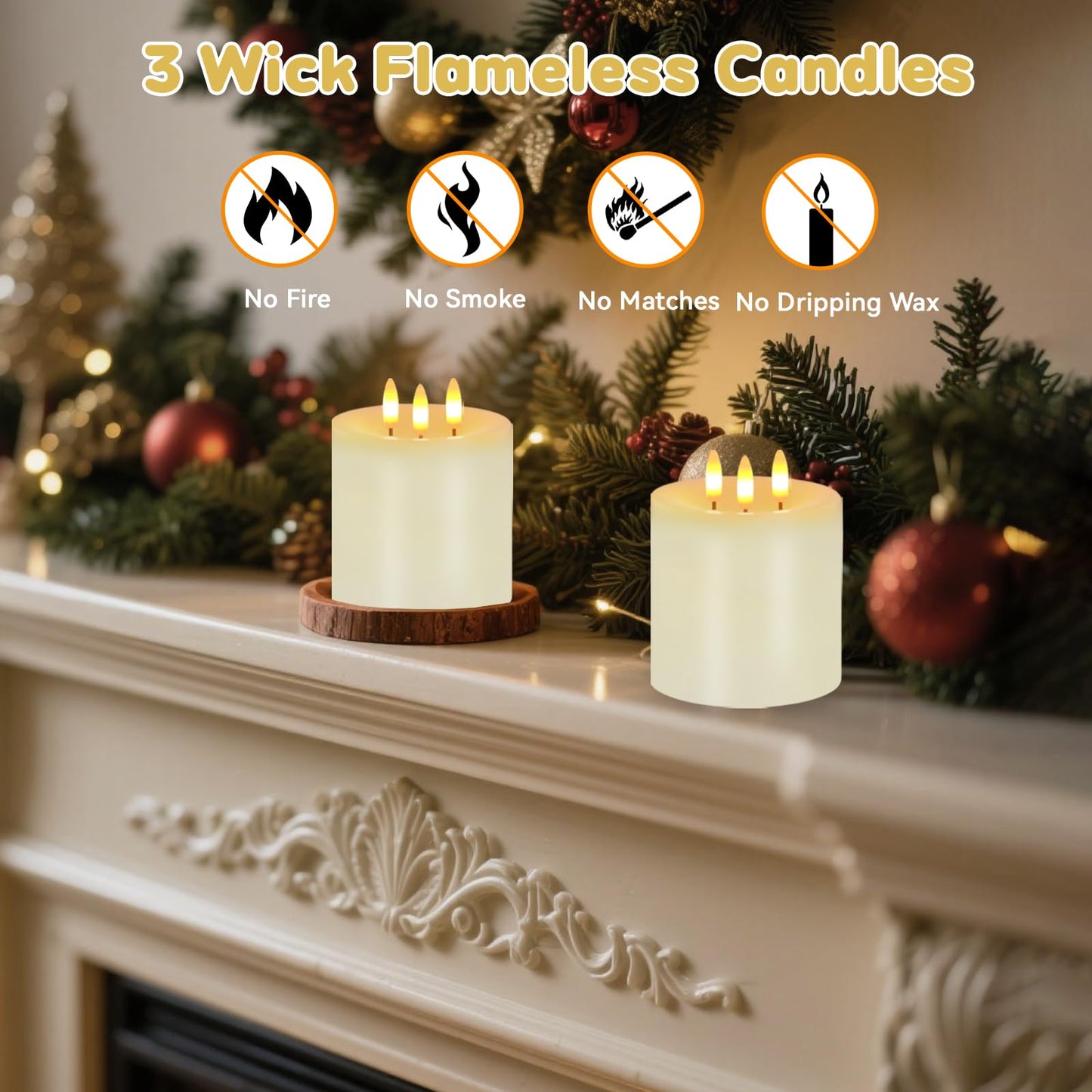 3 Wick Flameless Candles Set of 2, 4"x4" Flickering Large Flameless Candles with Remote & Timer, Dimmable Real Wax Electric Pillar Candles Battery Operated, LED Candles for Home Wedding Xmas Decor