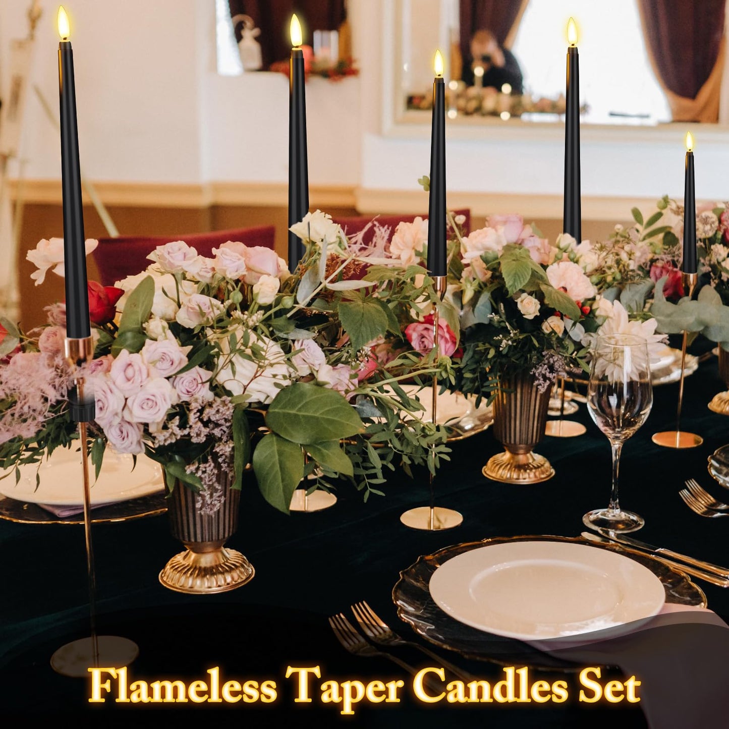 Rossesay 24 Pcs Flameless LED Taper Candles Battery Operated Candle 8.5", 9.65", 10.8", 12.8" Flameless Candlesticks Flickering for Christmas Church Wedding Indoor Decoration(Classic, Black)