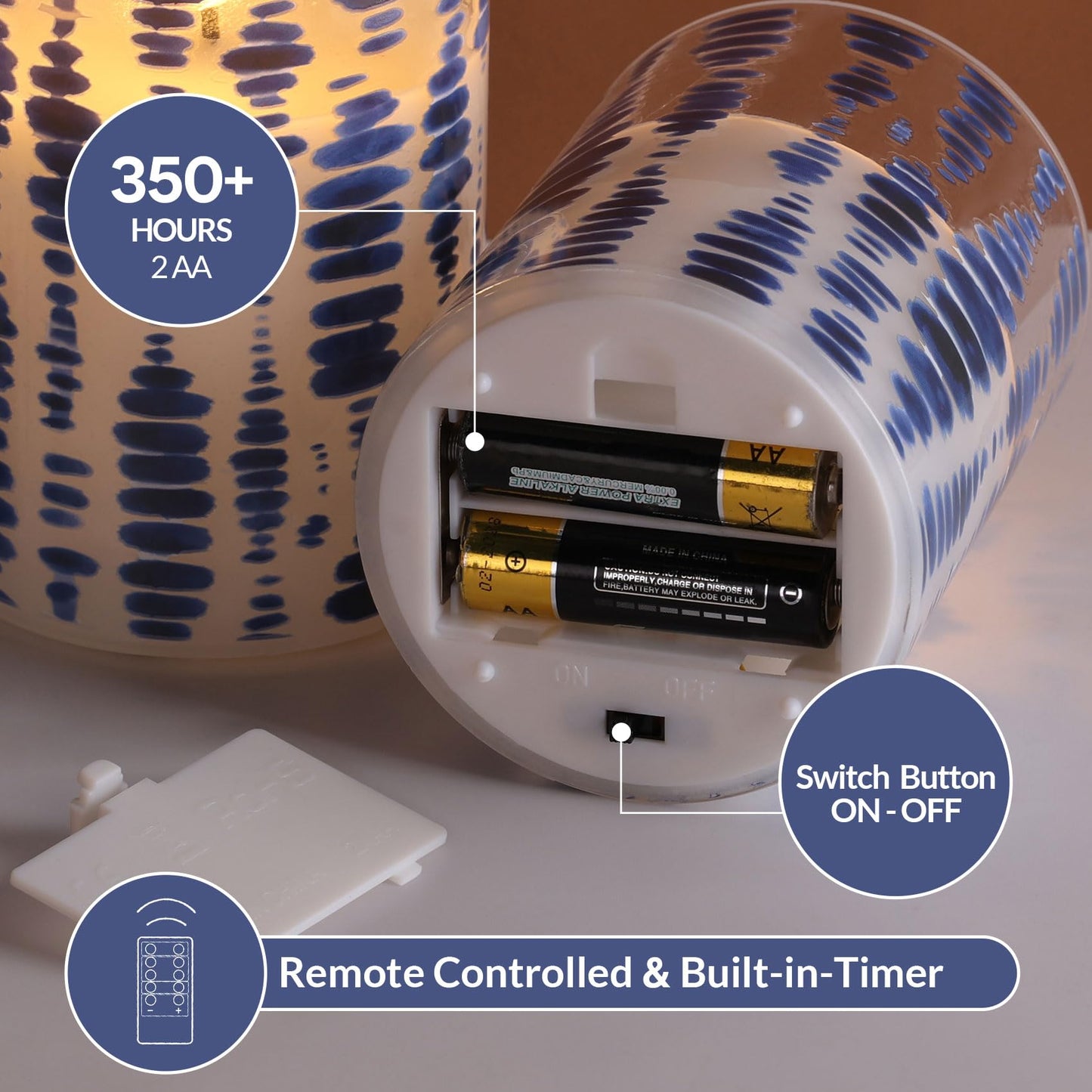 Eywamage Blue Dots Flameless Candles in Glass Jars, Flickering Battery LED Pillar Candles with Remote Set of 3