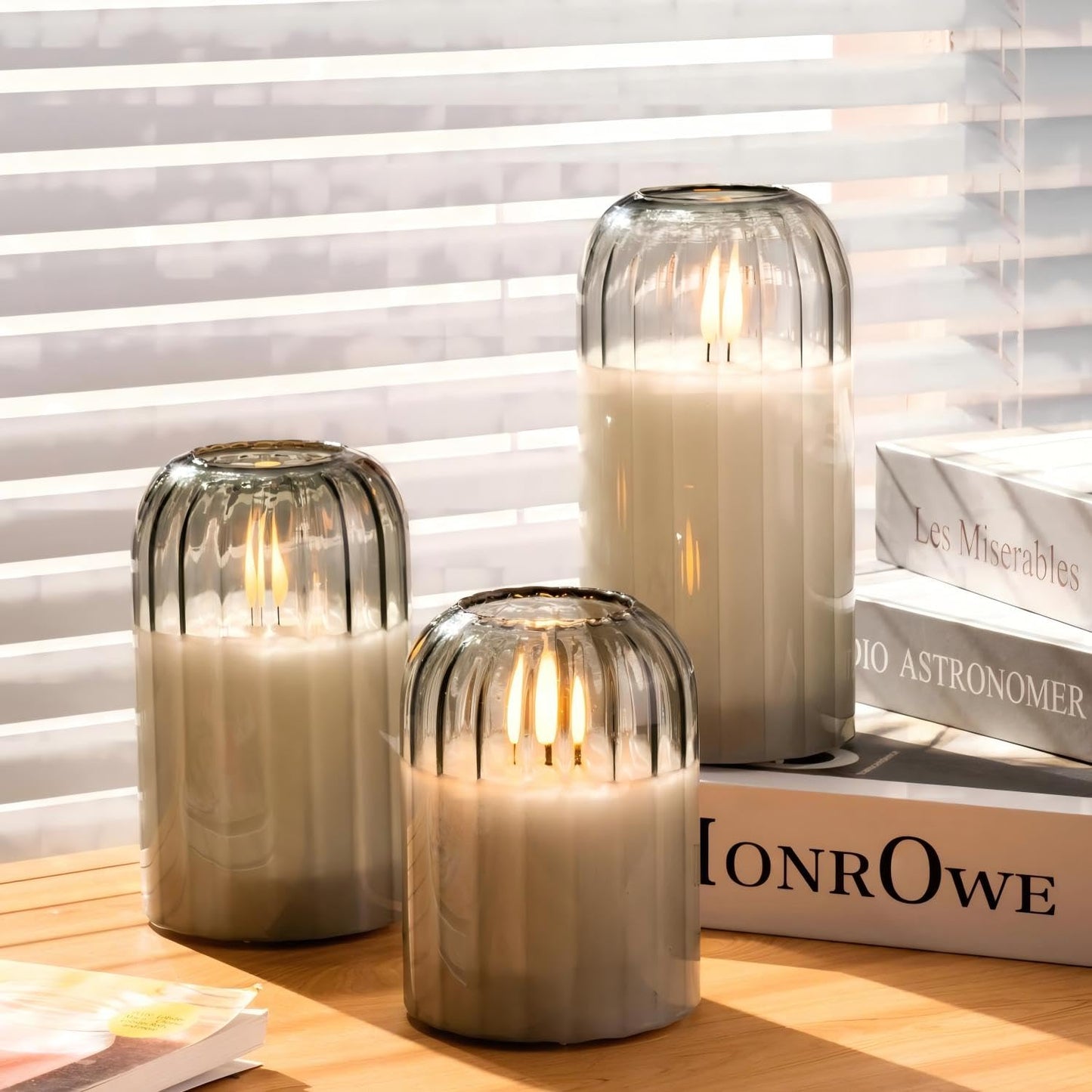 luzzup Glass Ribbed Flameless Candles - Battery Candles with Remote Timer, Green Glass LED Candles with Pumpkin Shape, Warm Light, Lasting 350 Hrs and Brightness Adjustment, Φ 3" H 4" 5" 6", Set of 3