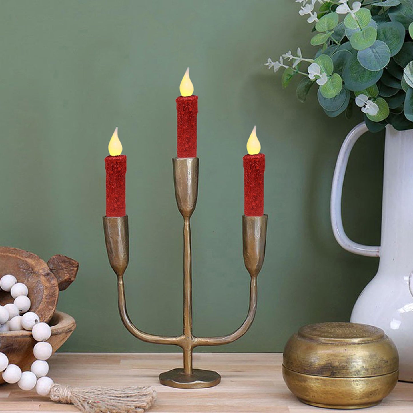CVHOMEDECO. Glitter Flameless Candles Flickering Battery Operated LED Taper Candles with Timer for Home, Wedding, Halloween, Christmas Decor. Red, 4-3/4 Inch, Set of 3