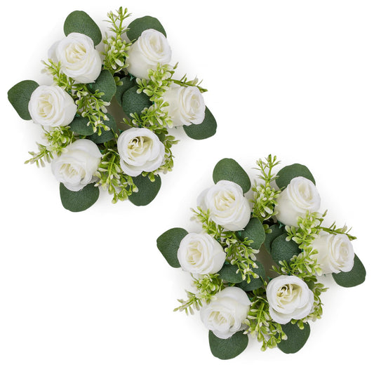 NUPTIO Flower Wreath for Table Centerpieces: 9.05 Inch Small White Artificial Candle Rings for Wedding Party Christmas Decorations - Rose Wreaths for Spring Summer Front Door Porch Decor 2 Pcs