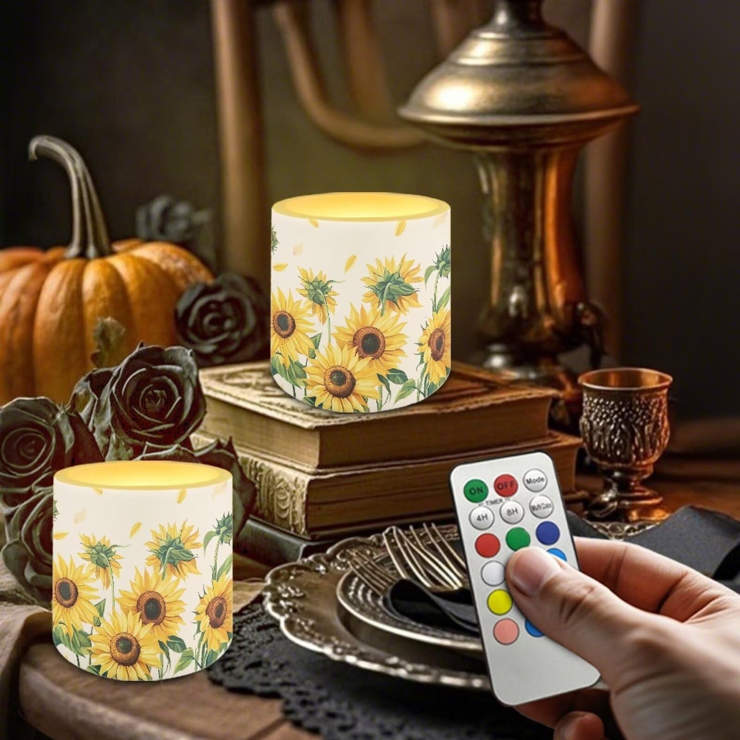 Cozeyat Sunflower Family Gathering LED Candles Set of 4 Battery Powered Flameless with Remote Timer Dancing Flame Waterproof for Home Patio Table Decor