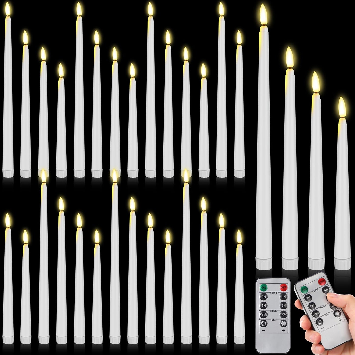 Rossesay 28 Pcs Flameless Taper Candles with Timer Remote 4 Sizes of 8.5", 9.6", 10.83", 12.8" LED Flickering Taper Candles Battery Operated for Valentine's Day Church Wedding Home Decor(White)