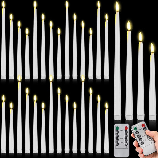 Rossesay 28 Pcs Flameless Taper Candles with Timer Remote 4 Sizes of 8.5", 9.6", 10.83", 12.8" LED Flickering Taper Candles Battery Operated for Valentine's Day Church Wedding Home Decor(White)