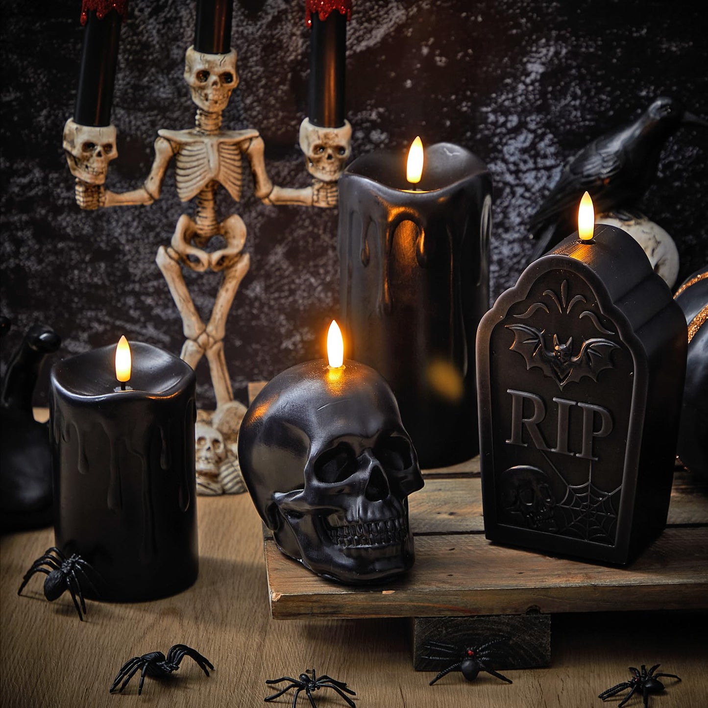 Baquler 4 Pack Black Wax Flameless LED Candles, Halloween Tombstone RIP Skull Dripping Pillar Candles Battery Operated Gothic Real Wax Candlestick for Halloween Party Home Decor