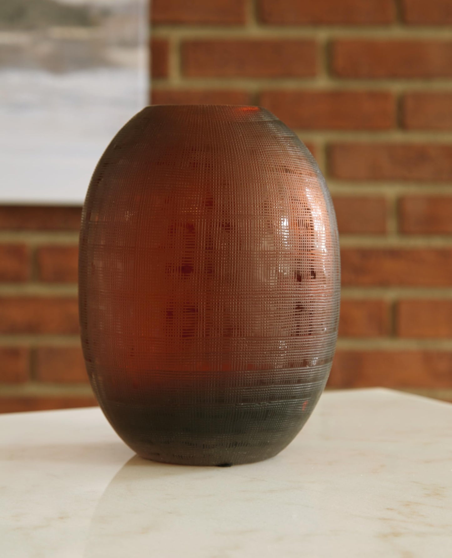Signature Design by Ashley Embersen Contemporary 7.5" Glass with Grid Texture Tabletop Vase, Yellow, Orange, & Brown