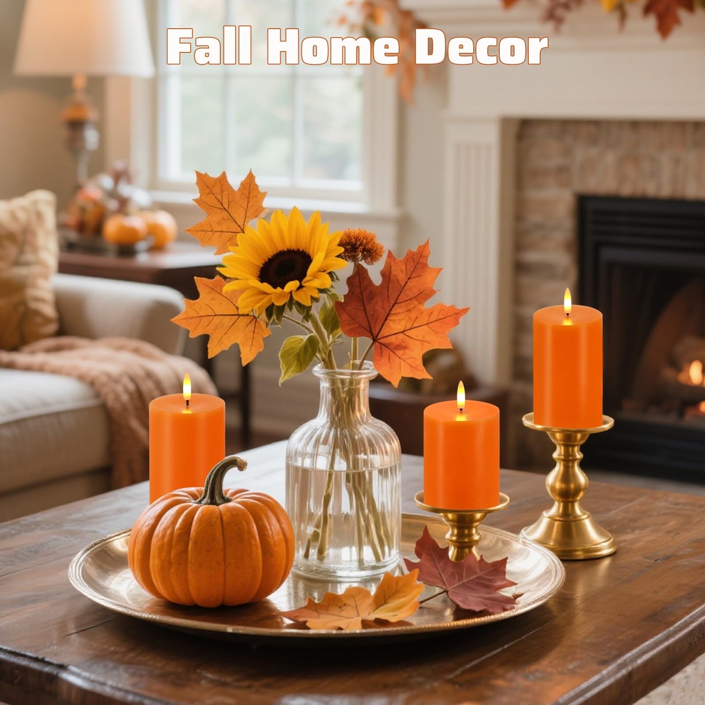 VEEKI Orange Flameless Candles, Set of 3 Flickering LED Candles with Remote & Timer, Dimmable Real Wax Pillar Candles Battery Operated, Electric Candles for Fall Thanksgiving Halloween Decor (Orange)