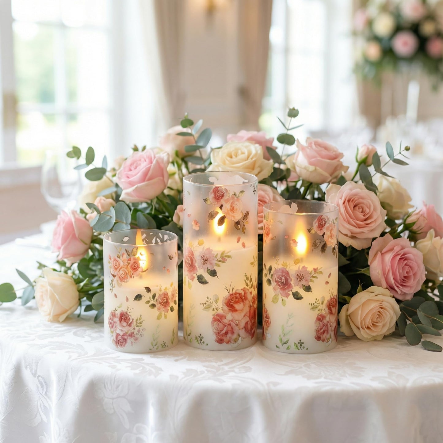 Wondise Glass Flameless Candles Remote Timer Pink Rose Battery Operated Flicker Pillar Candles for Wedding Centerpiece Spring Easter Farmhouse Home Decoration, Set of 3