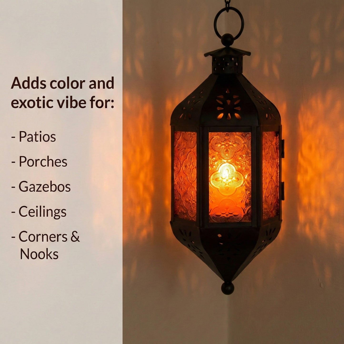 Vela Lanterns Hanging Moroccan Lamp - Exotic Decorative Patio & Porch Decor, Indoor Outdoor Tea Light Candle Lantern Holder with Chain (11" Medium, Amber Glass, 3-Pack)
