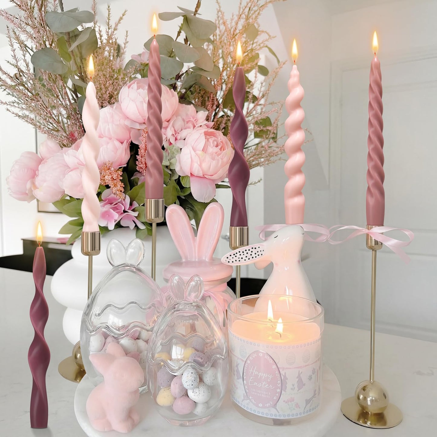 Nuanchu 12 Pcs Pink Spiral Taper Candles Pastel Twisted Wax Candlesticks 7.5 Inch Pink and Red Short Spiral Scented Taper Candles for Wedding Bridal Shower Birthday Party Dinner Table Centerpiece