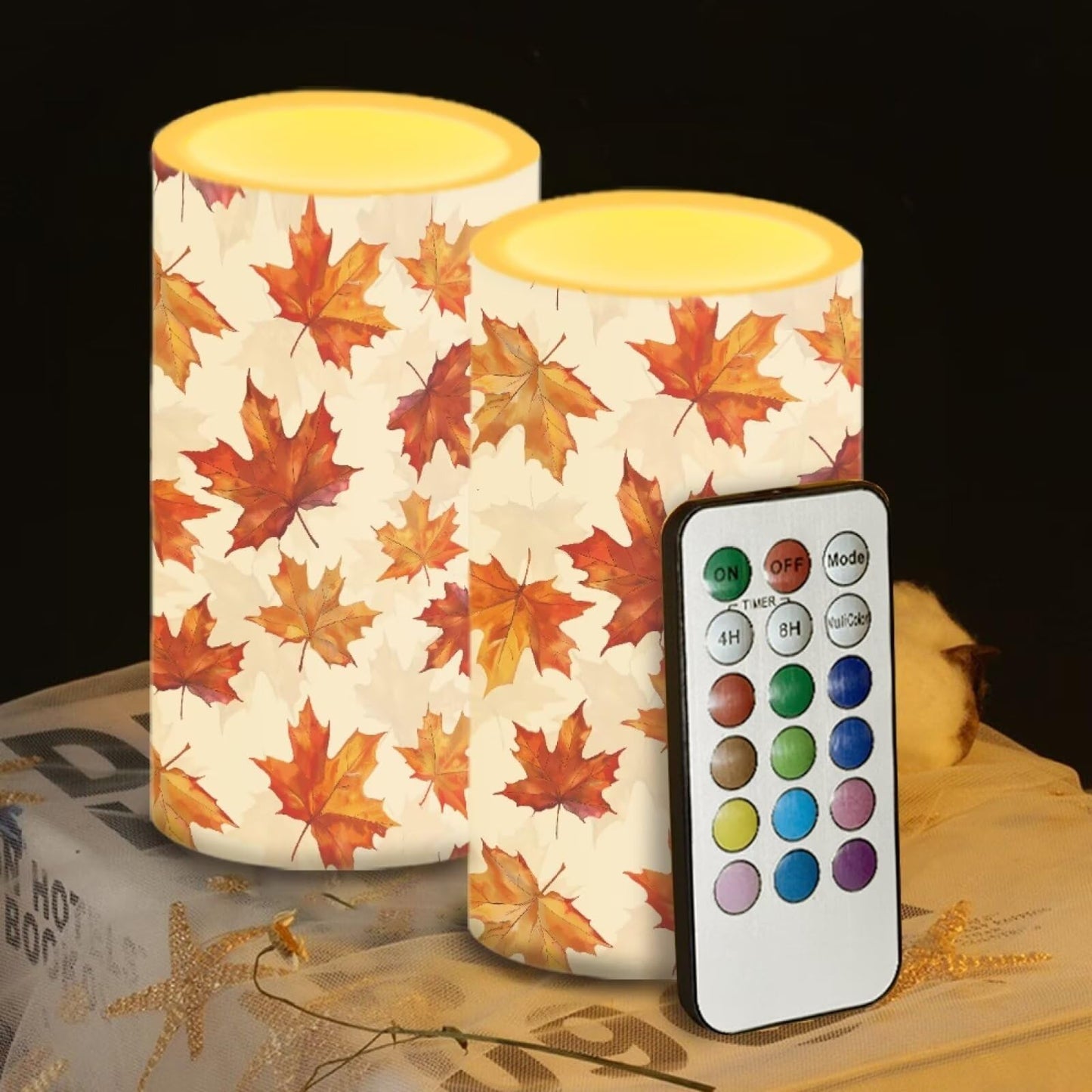 Luarisgur Maple Leaves Candles Battery Operated with Timer LED Flameless Candles Orange Warm Light Electric Fake Fall Theme Candles for Dining Room Bedroom Living Room Home Thanksgiving Party