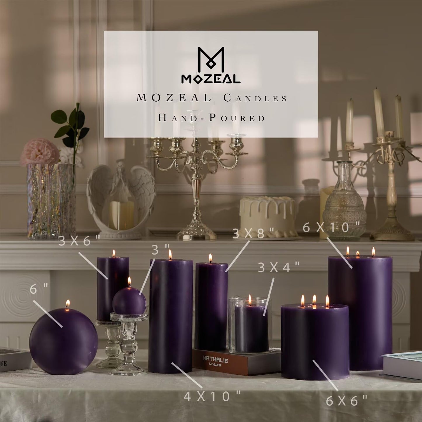 MOZEAL 3" x 8" Hand-Poured Unscented Large Candle,Smokeless Rustic Pillar Candle Set of 2,No Drip,Approx 150 Hours Burning,Wedding,Dinner,Christmas and Home Decorative,Tall Dark Purple Candle