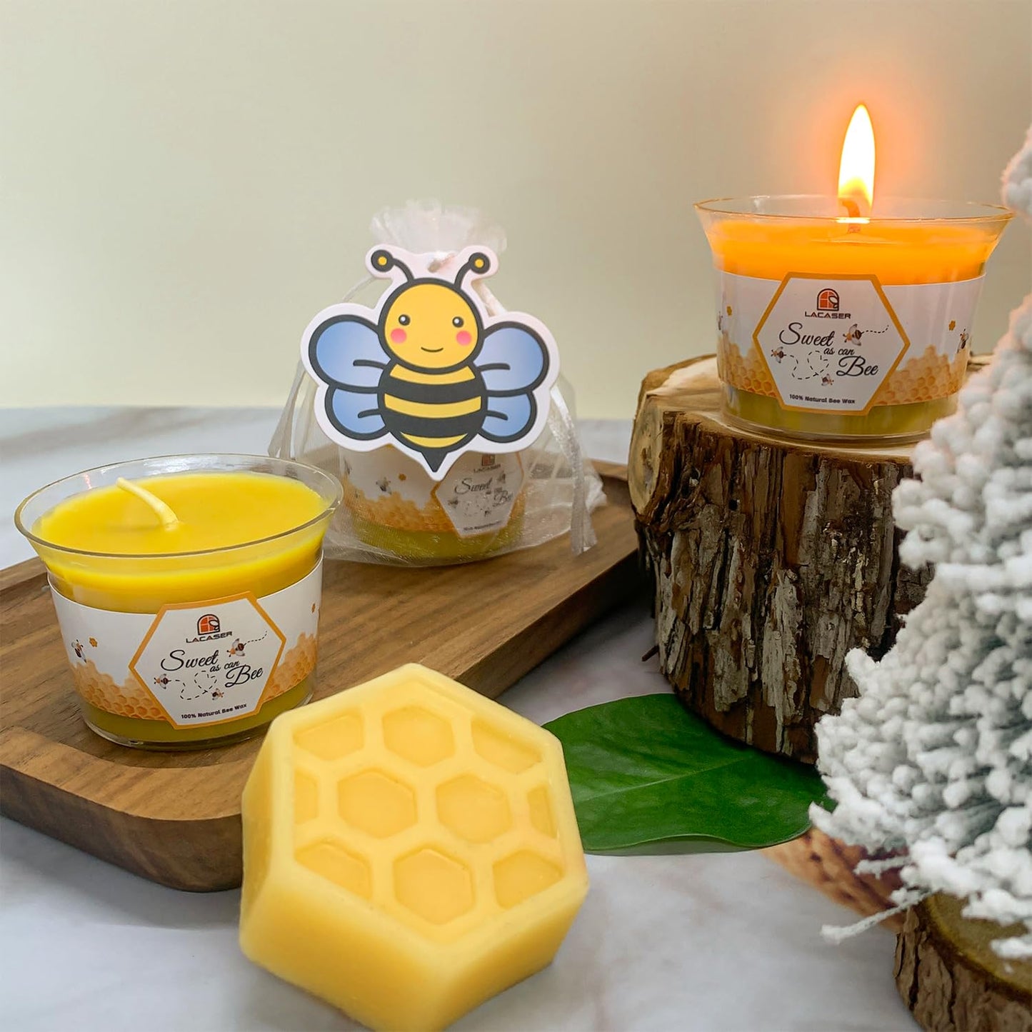 Pure Beeswax Votive Candles, Swee As Can Bee Candle Gifts for Bee Themed Party Favor, Natural Bees Wax Made Large Tealight Candles in Premium Acrylic Cup, 10~12 Hour Burn Time Each, Pack of 4