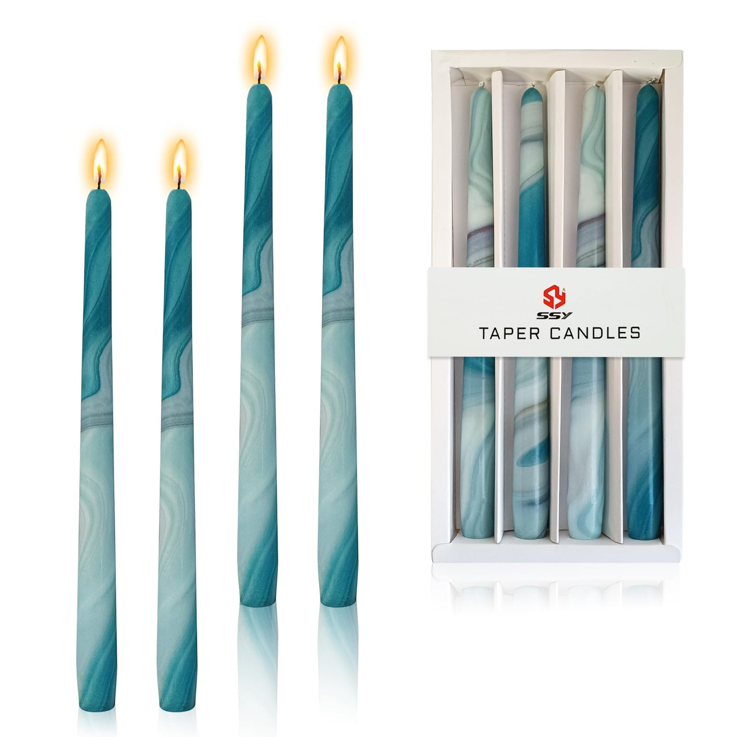 10 inch Long Candle Blue Quicksand Taper Candles Printed Candlestick Handmade Unscented Taper Candle 4 Pack Smokeless Tapered Candles for Home Dinner Wedding Holiday