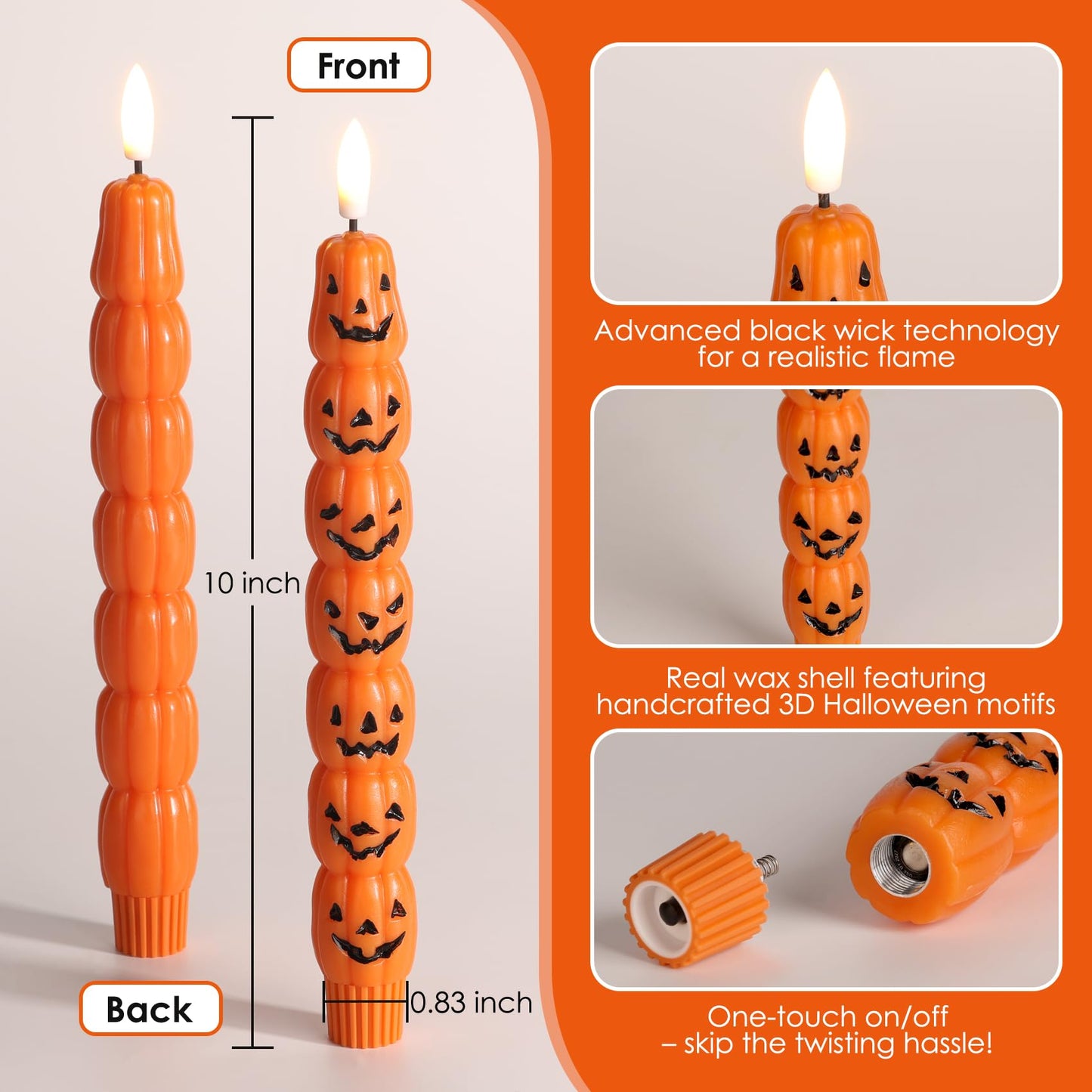 Girimax Orange Pumpkin Halloween Flameless Taper Candles with Remote, Flickering Spooky LED Wax Candlesticks Battery Operated, Set of 2