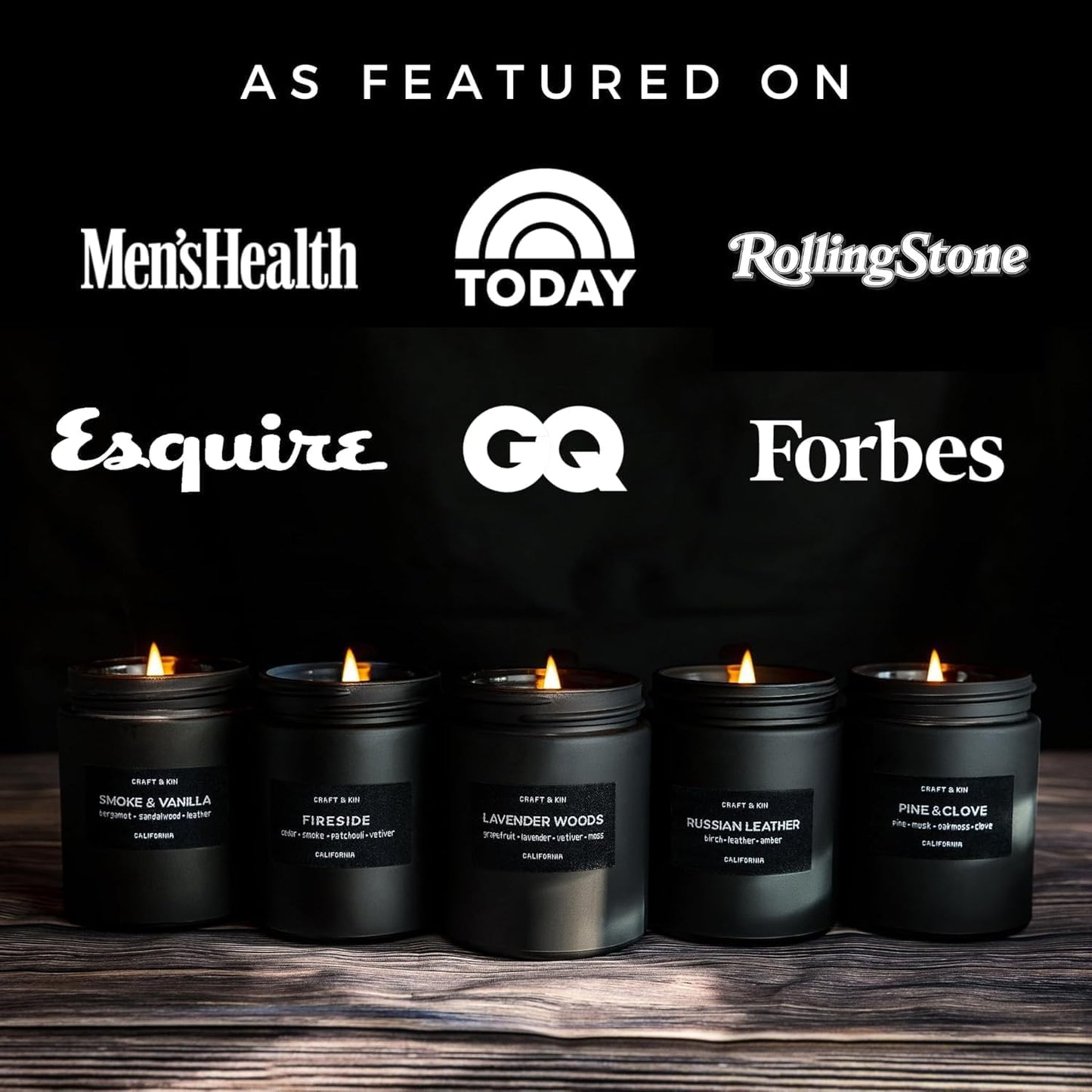 Craft & Kin Premium Smoke & Vanilla Candle | Black Scented Candles for Men | Long Lasting with 45 Hour Burn Time, 7.6oz | Soy Candle | Aromatherapy at Home | Gifts for Men