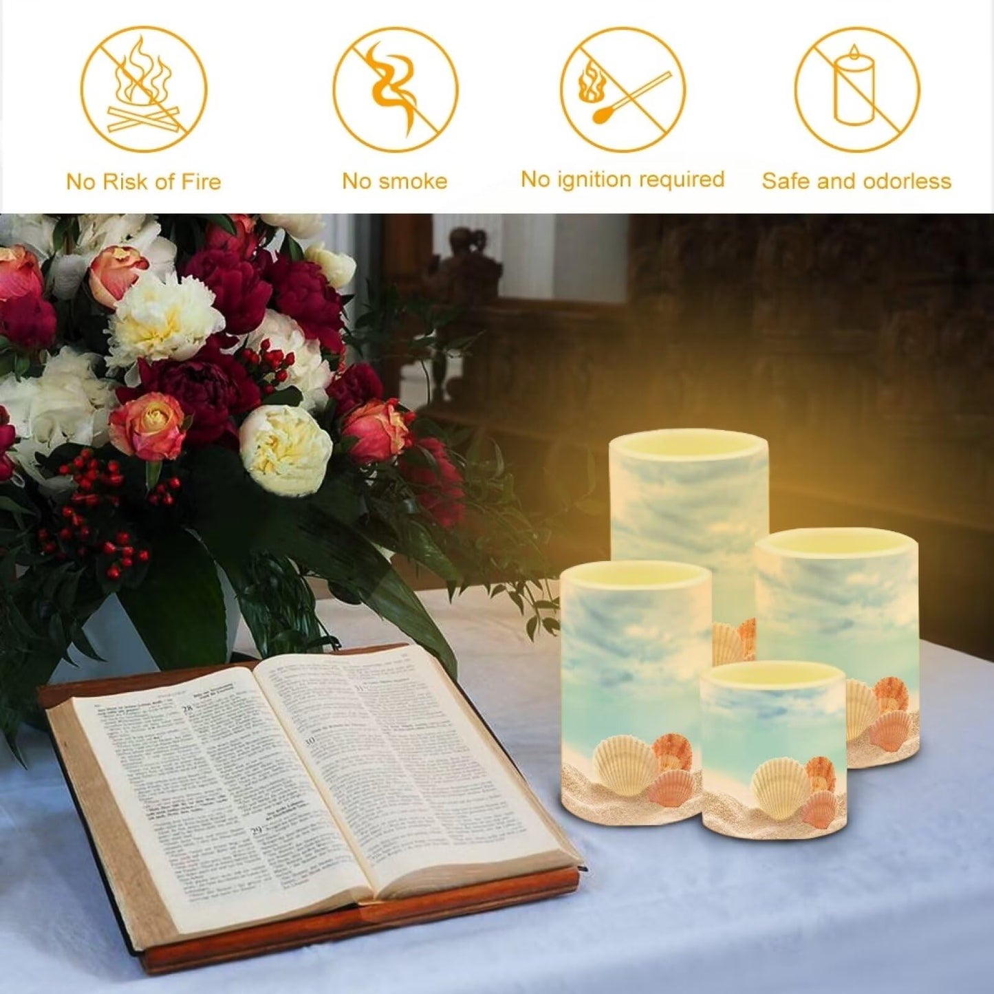 NETILGEN Flameless Candles with Remote Control, Set of 4, Color Changing Flickering Flameless LED Pillar Candles with Battery Operated, Beach Seashell Blue Decor